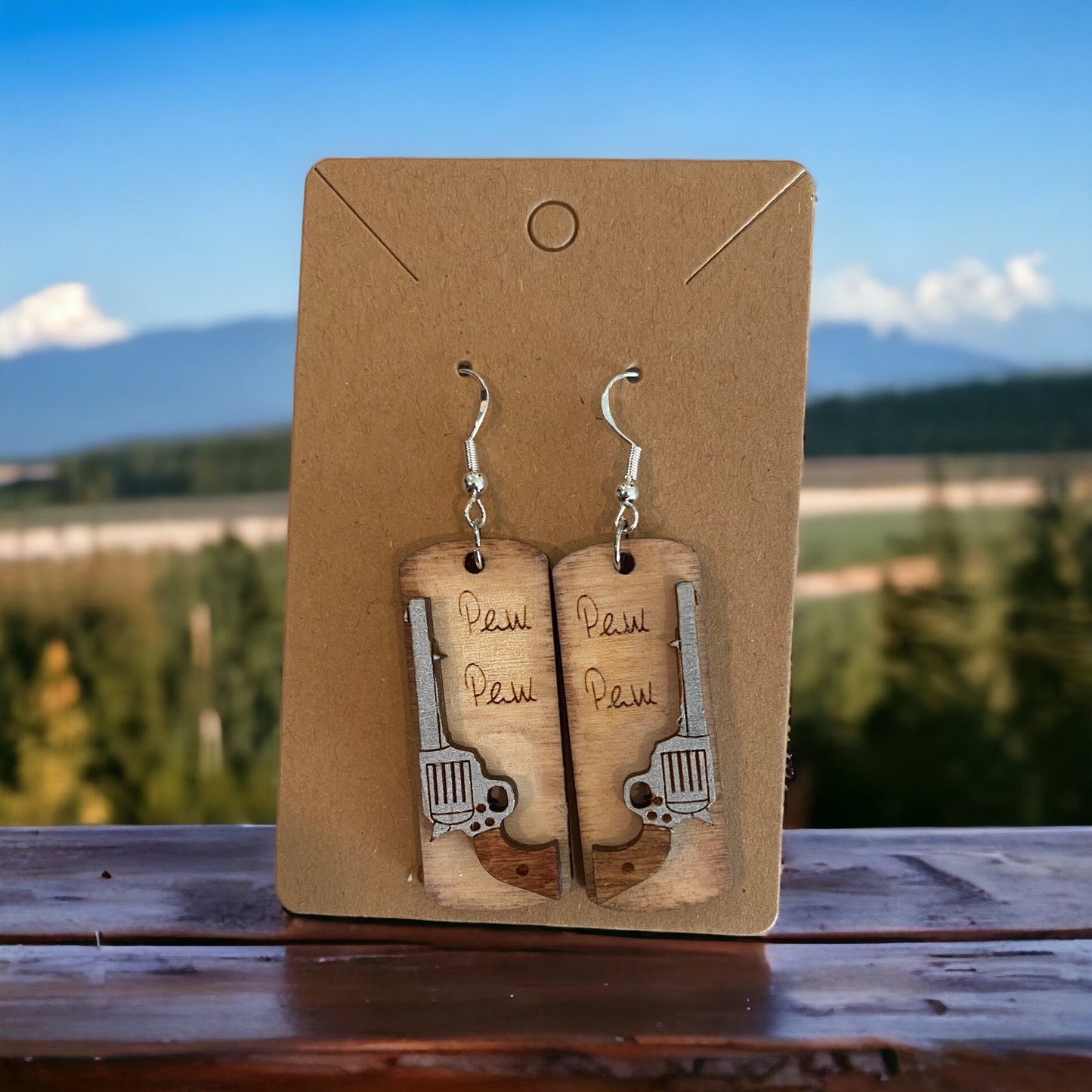 Pistol Pew Pew Birchwood Laser Cut Hand Painted Earrings
