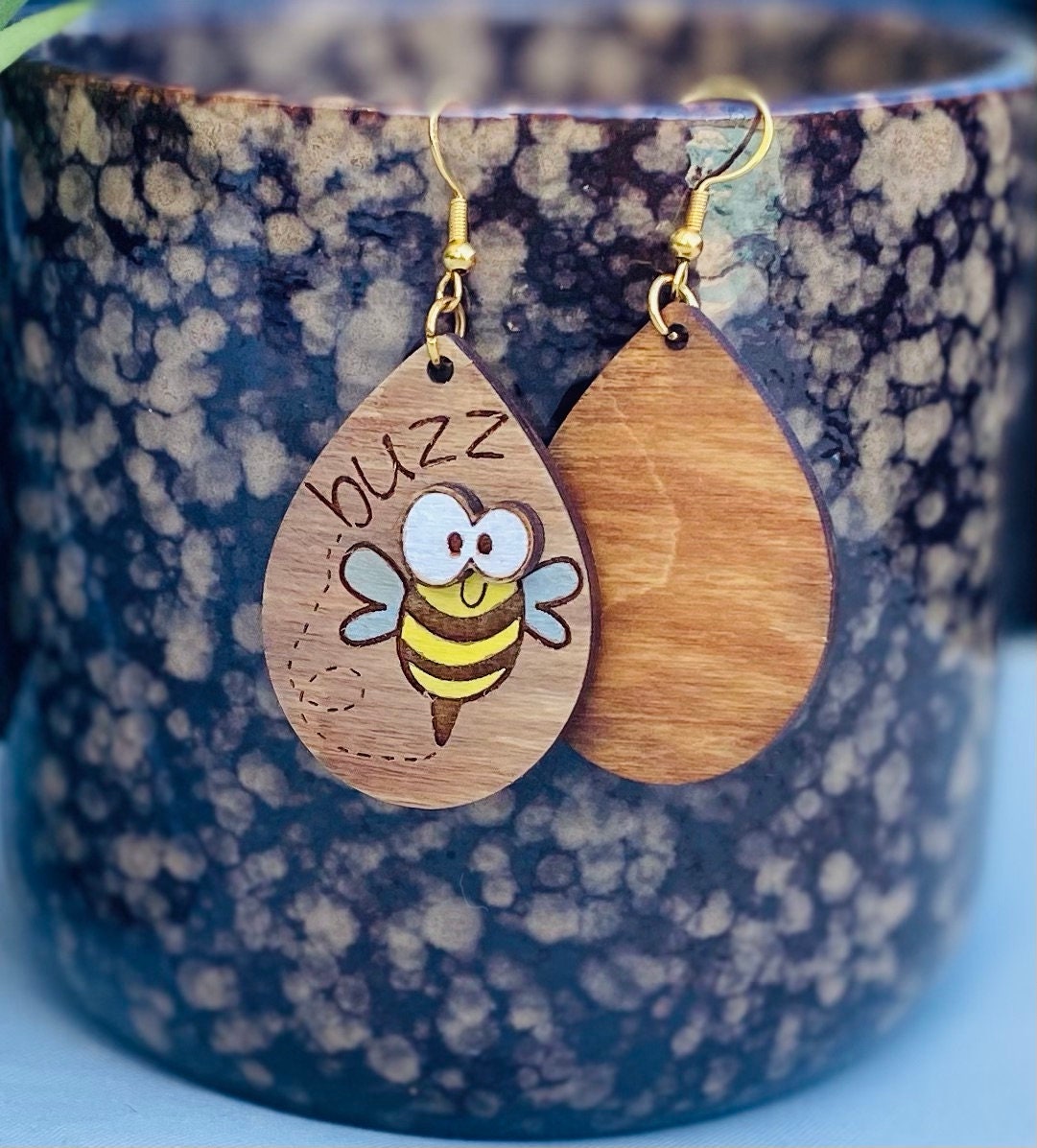 Buzzing Bees Tear Drop Laser Engraved, Hand-Painted Earrings