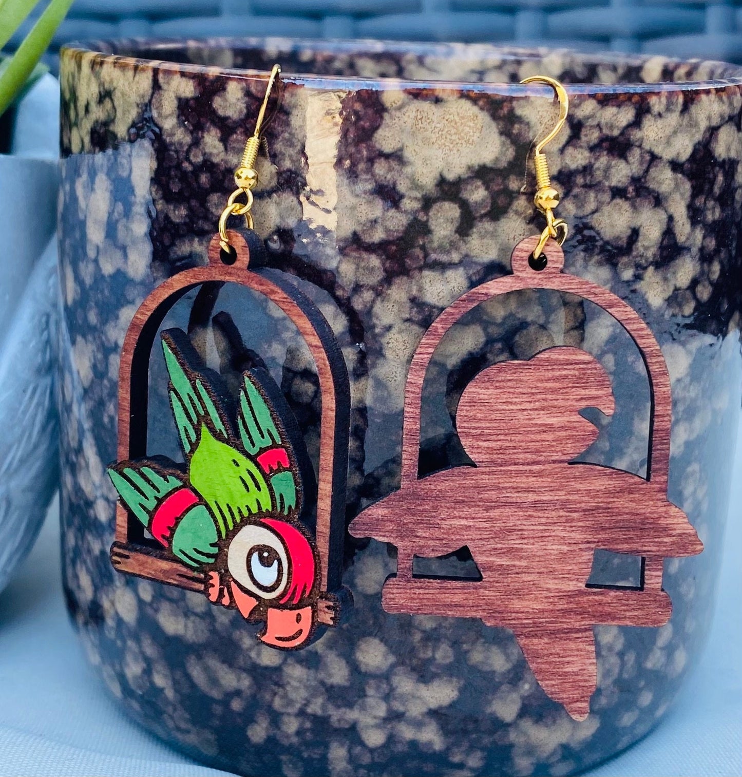 Birch Wood Laser Cut Parrot Earrings