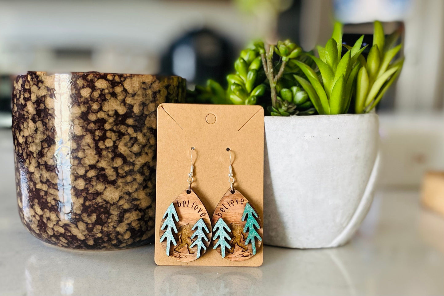 Big Foot Tear Drop Laser Cut and Engraved Earrings