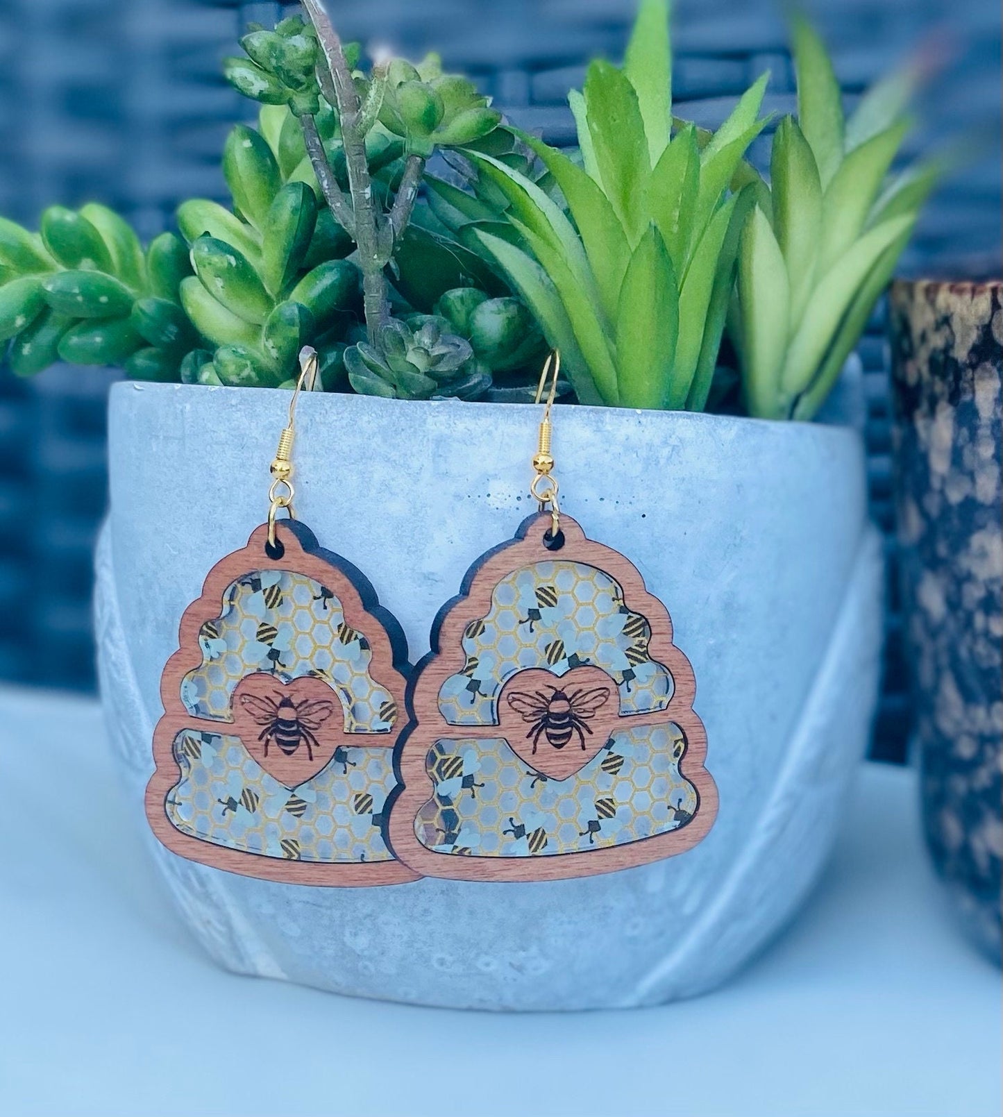 Laser Cut and Engraved Birch Wood Bee Hive Earrings