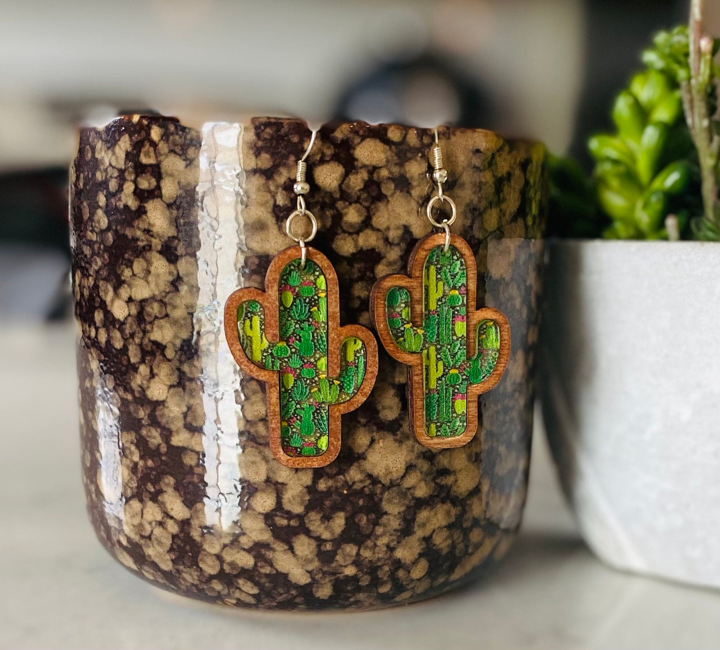 Laser Cut Birch Cactus Earrings With Patterned Acrylic Inlay