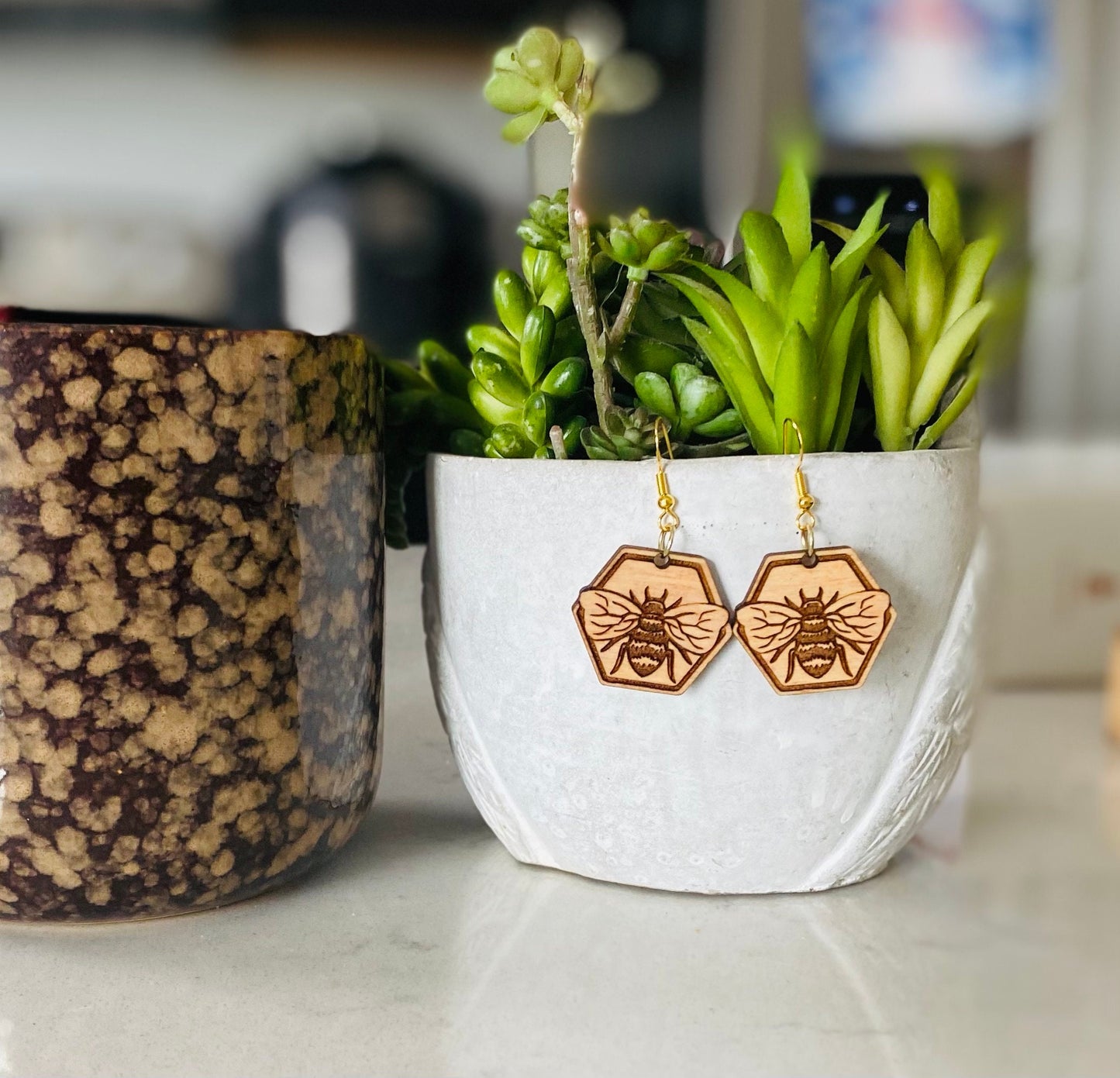 Birchwood Pecan Stained and Laser-Engraved Bee Earrings