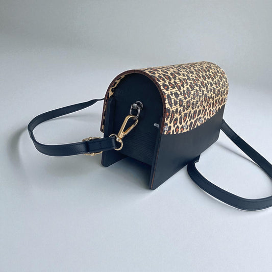 Leopard Print Black and Brown Laser Cut Wooden Handbag