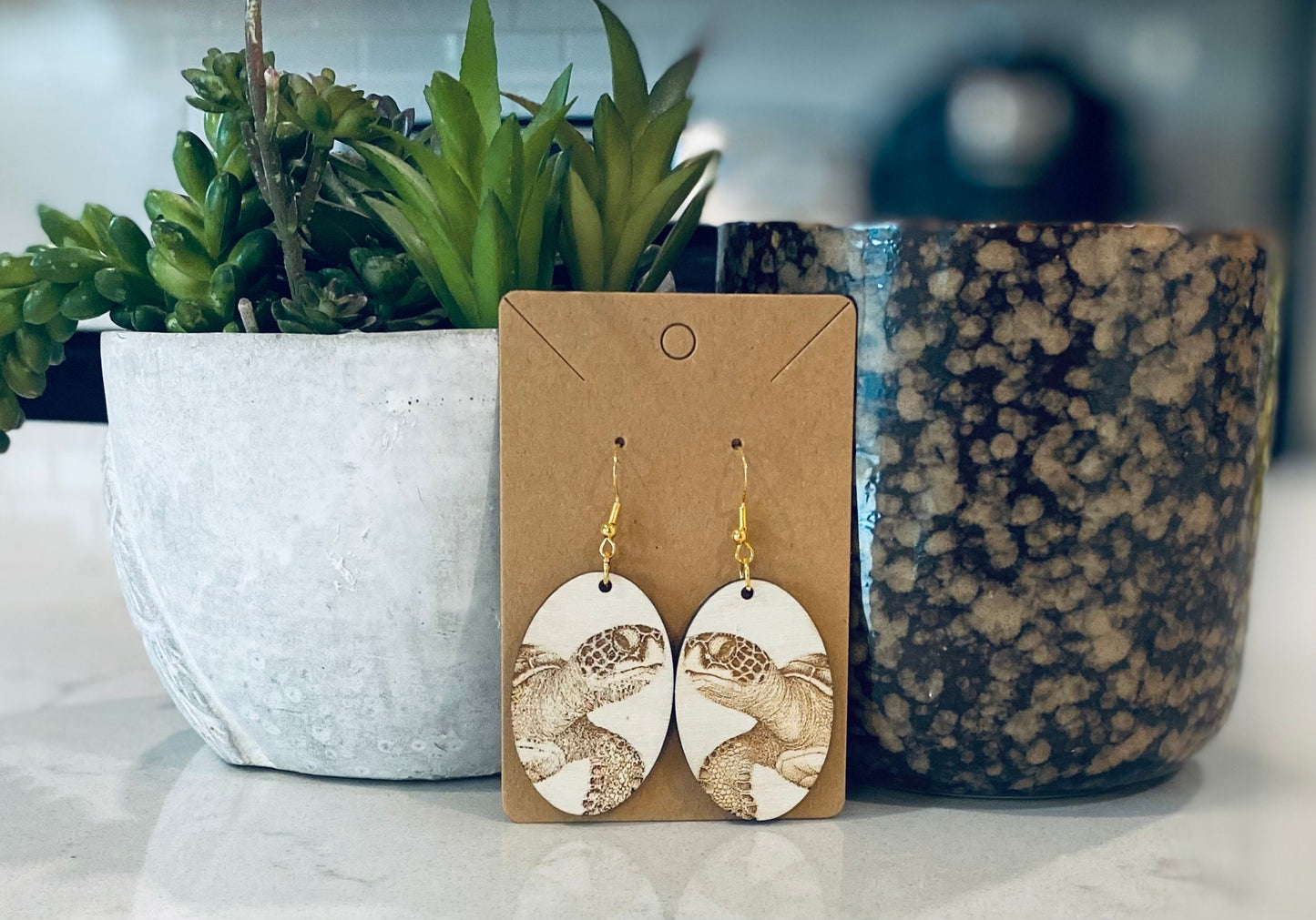 Laser Cut Birchwood Turtle Earrings