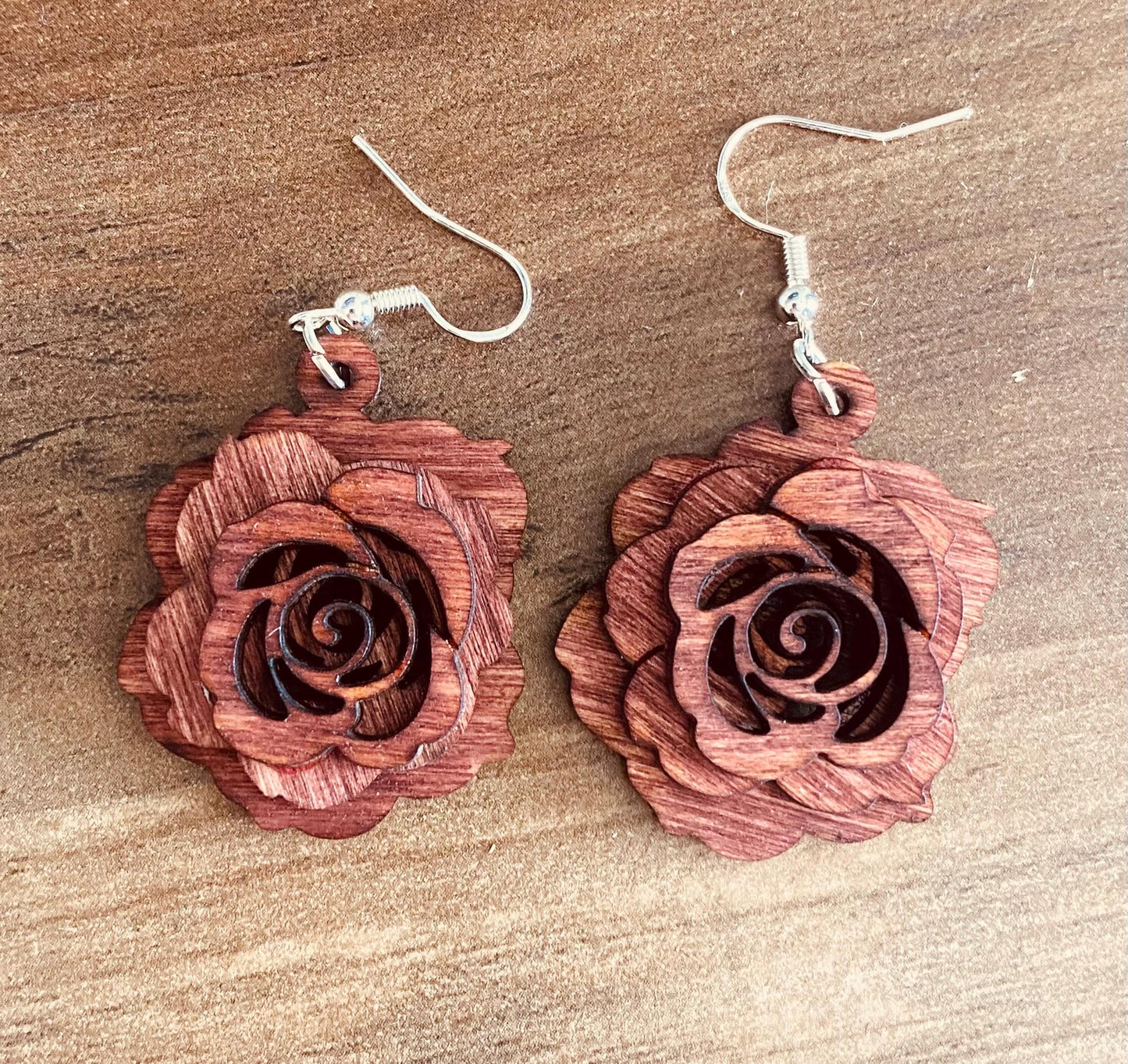 3-Dimensional Birchwood Laser Engraved Rose Floral Handmade Earrings