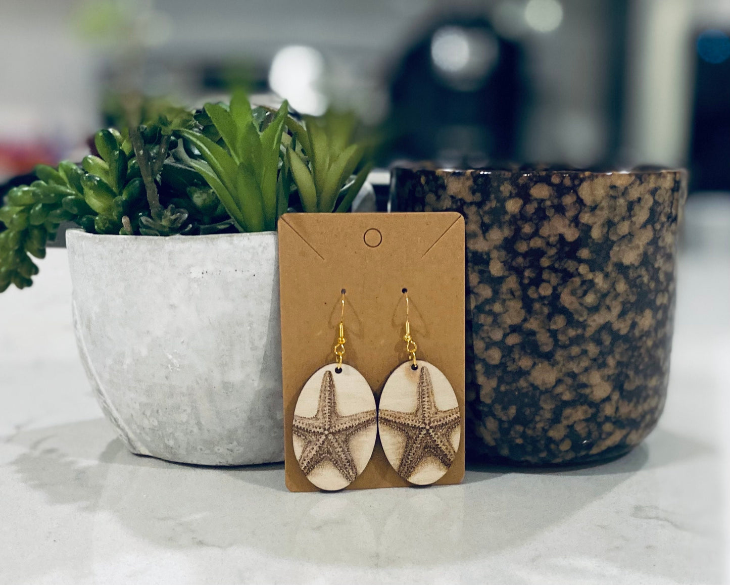 Laser Cut Birchwood Starfish Sea Life Earrings