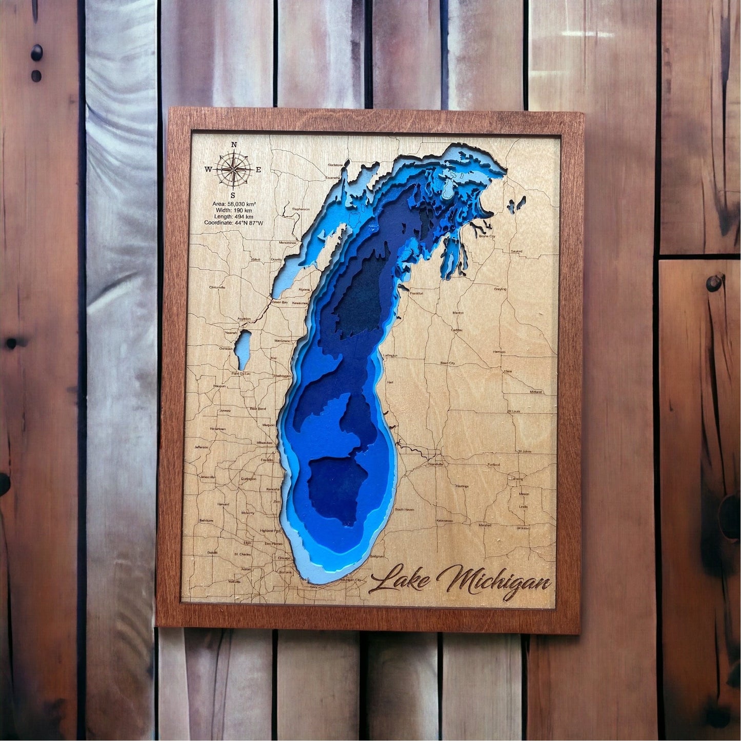 Lake Michigan Laser-Cut Birch Wood Map