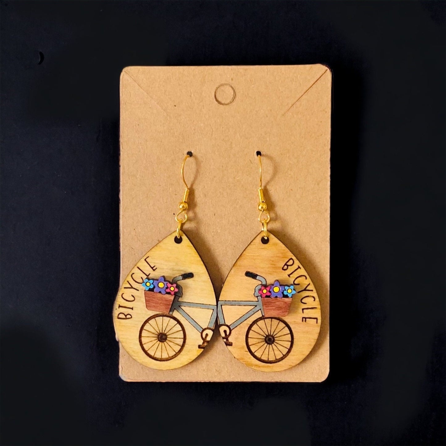 Birchwood Laser Cut Bicycle Spring/Summer Tear Drop Hand Painted Earrings