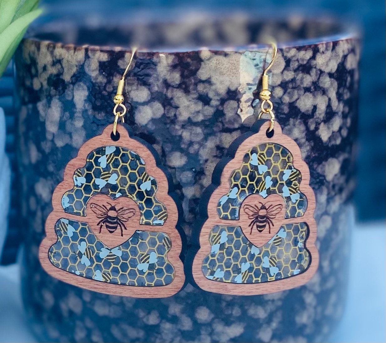 Laser Cut and Engraved Birch Wood Bee Hive Earrings