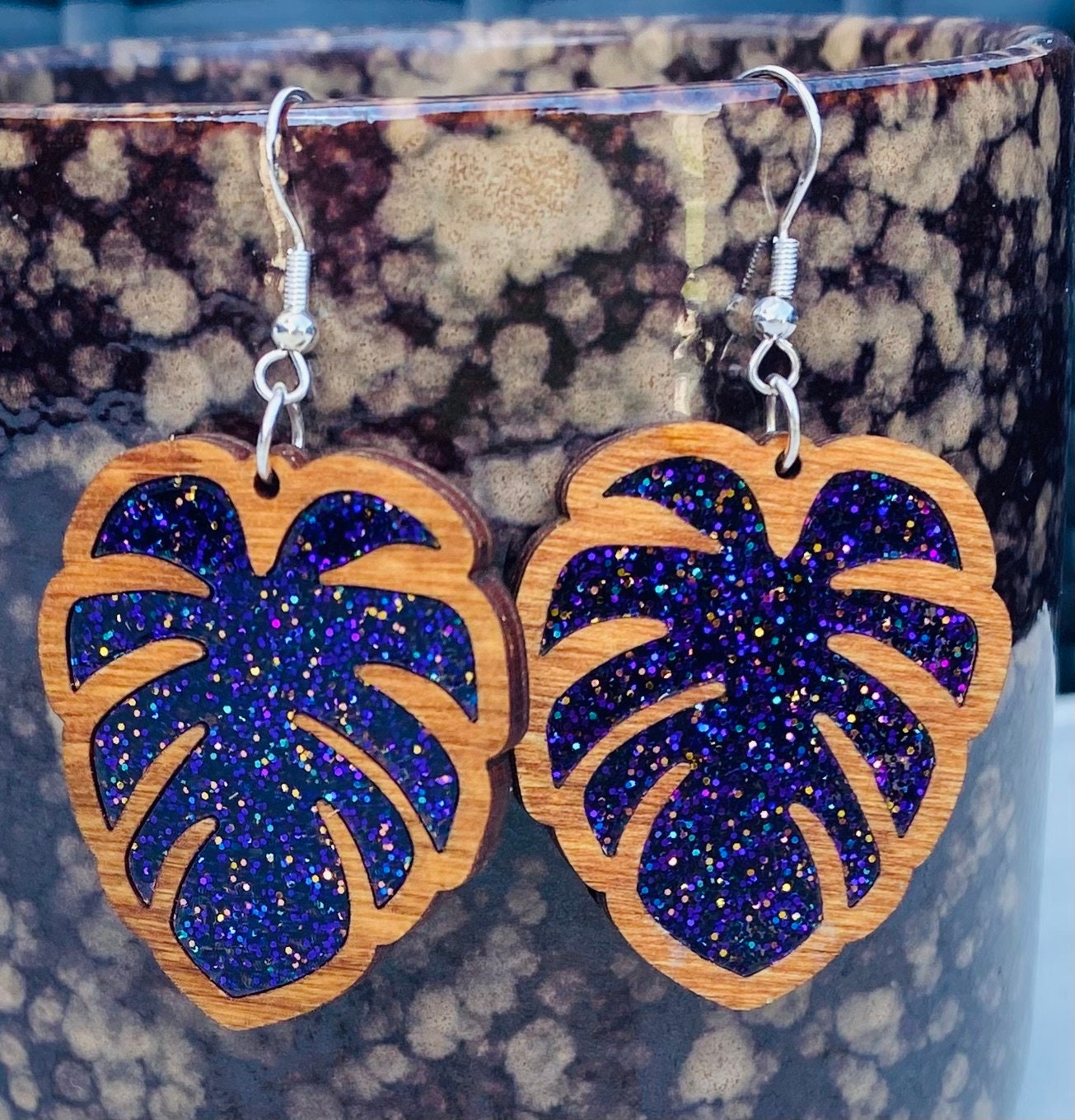 Birch Wood Laser-Cut Earrings with Purple Acrylic Inlay