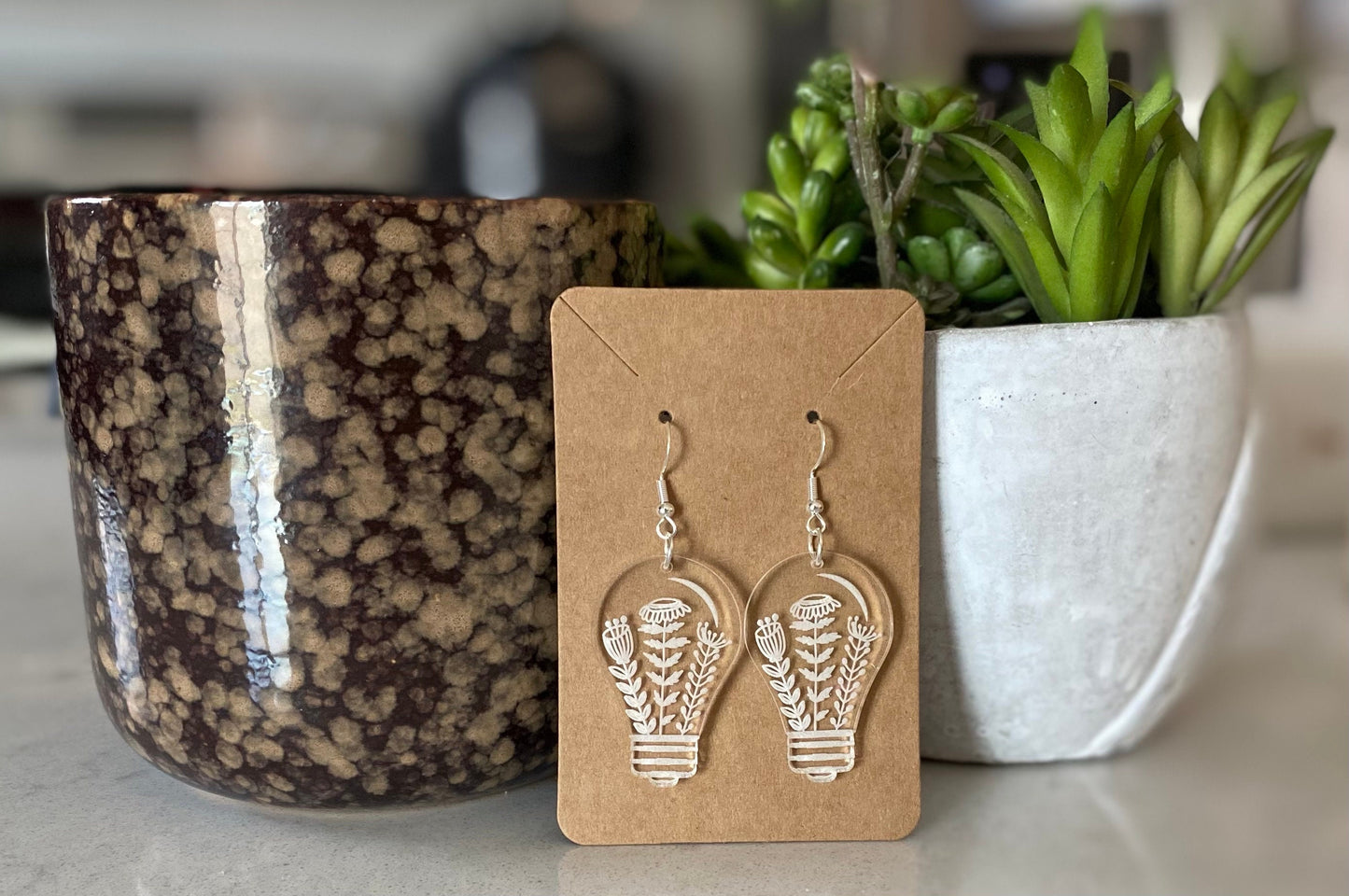 Floral Engraved Clear Acrylic Light Bulb Earrings