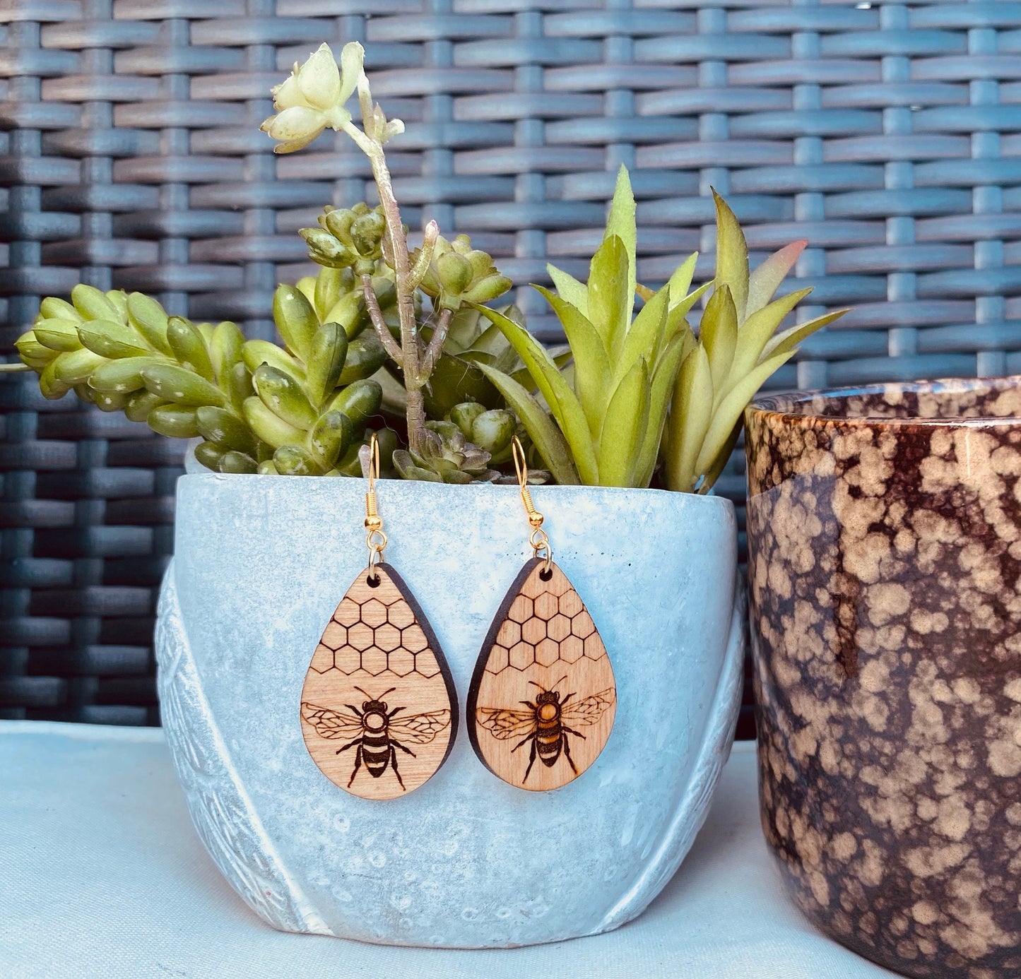 Birchwood Engraved Bee Pecan-Stained Tear Drop Earrings