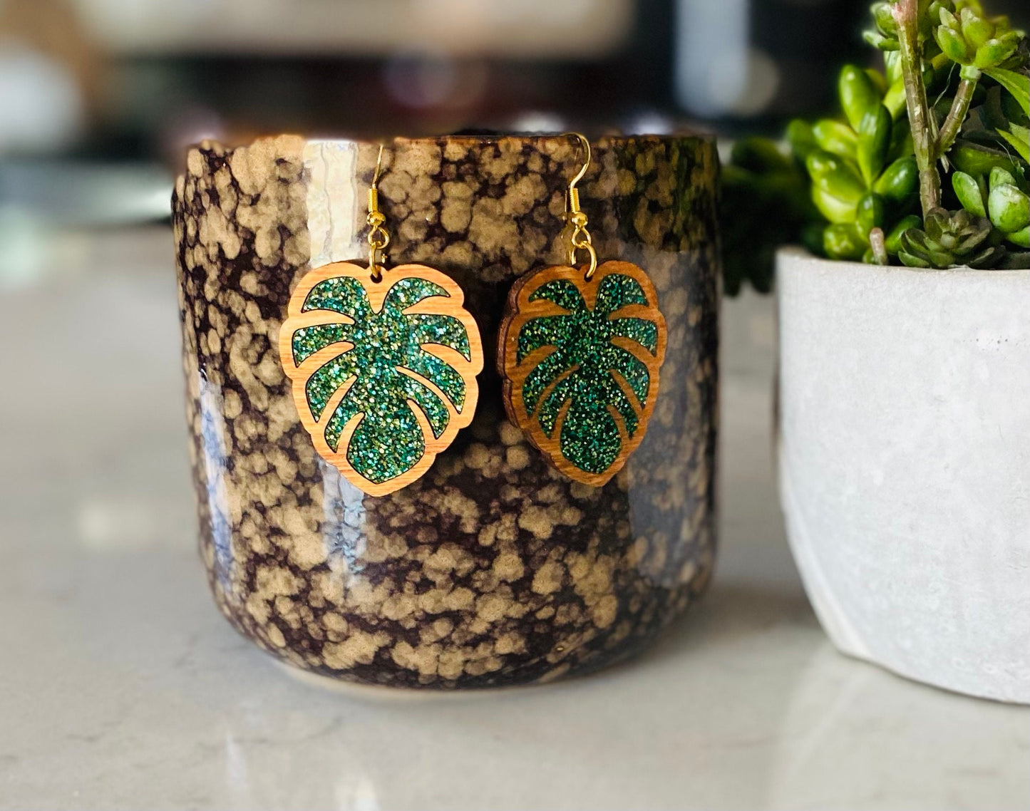 Pecan Stained Birch Wood Laser-Cut Earrings with Green Acrylic Inlay