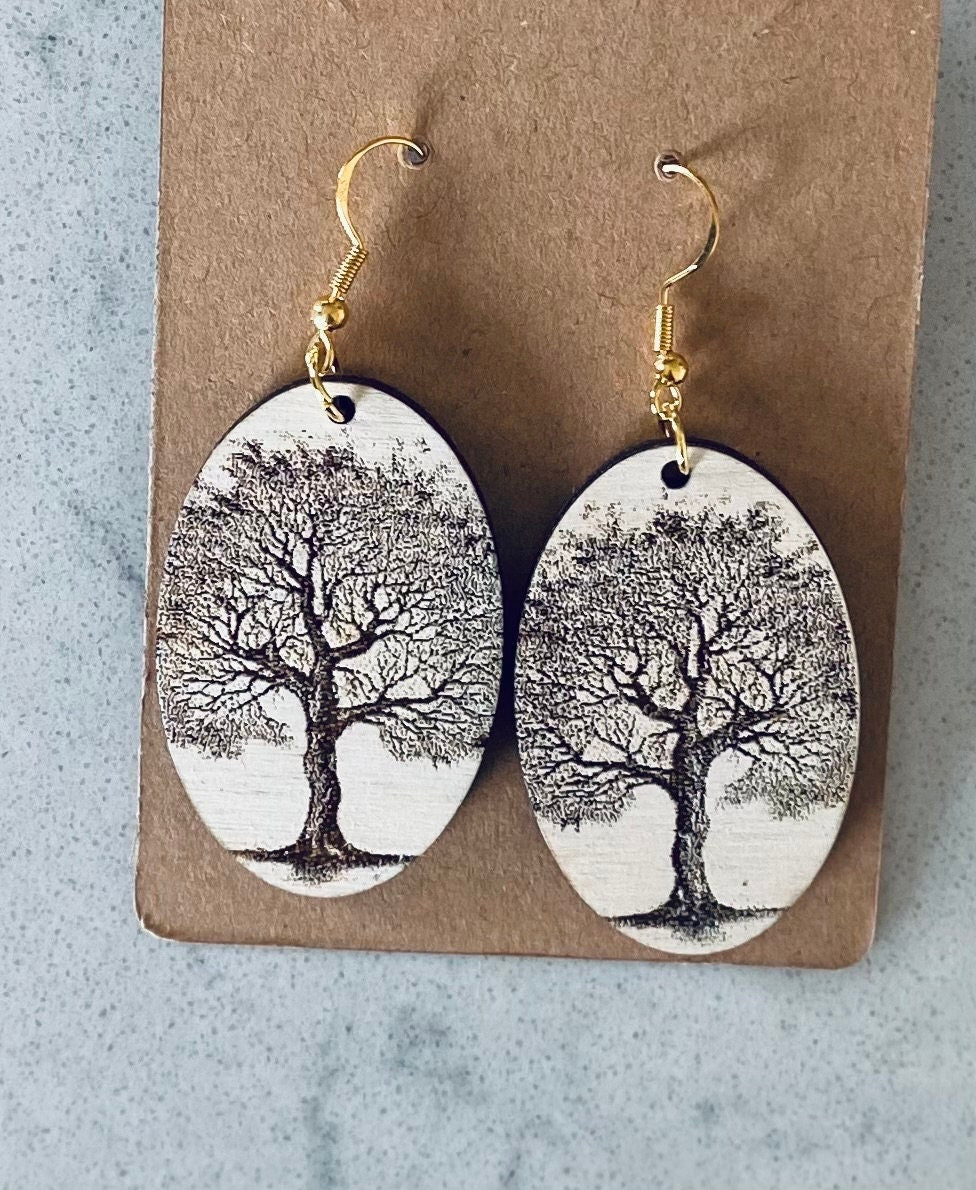 Laser Cut Birchwood Tree Earrings