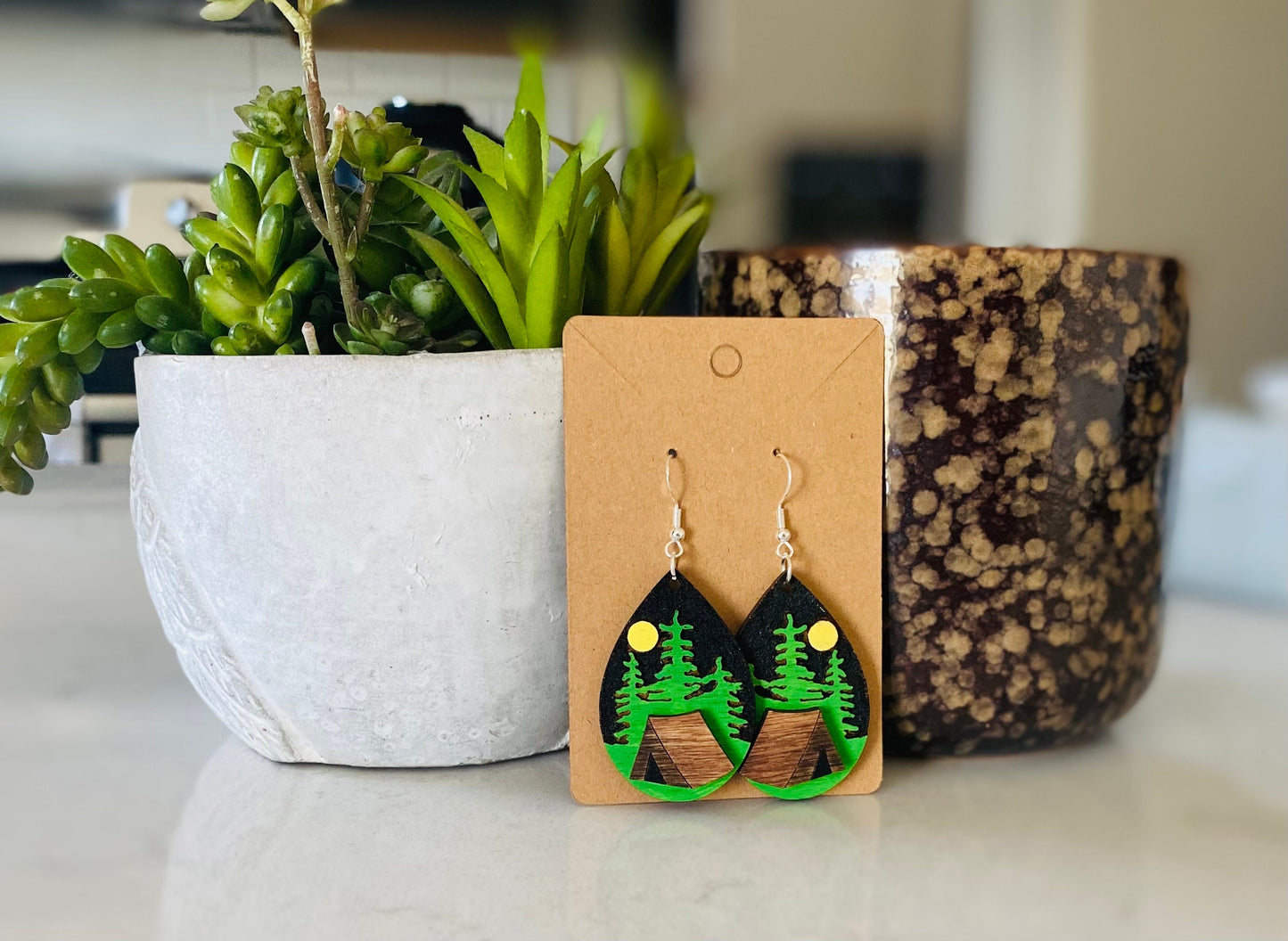 Laser Cut Tear Drop Hand-Painted Birchwood Earrings- Camping, Starry Night, Nature, Sparkling Night