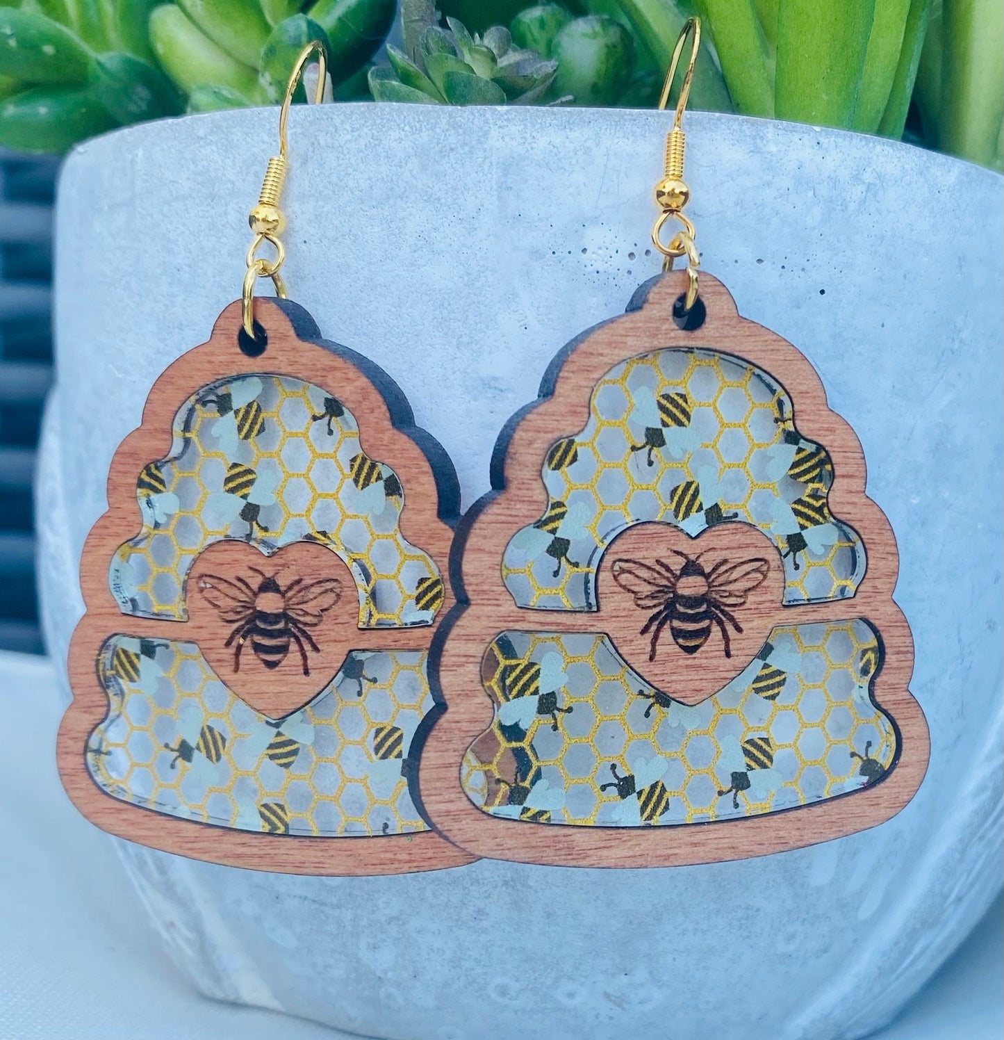 Laser Cut and Engraved Birch Wood Bee Hive Earrings