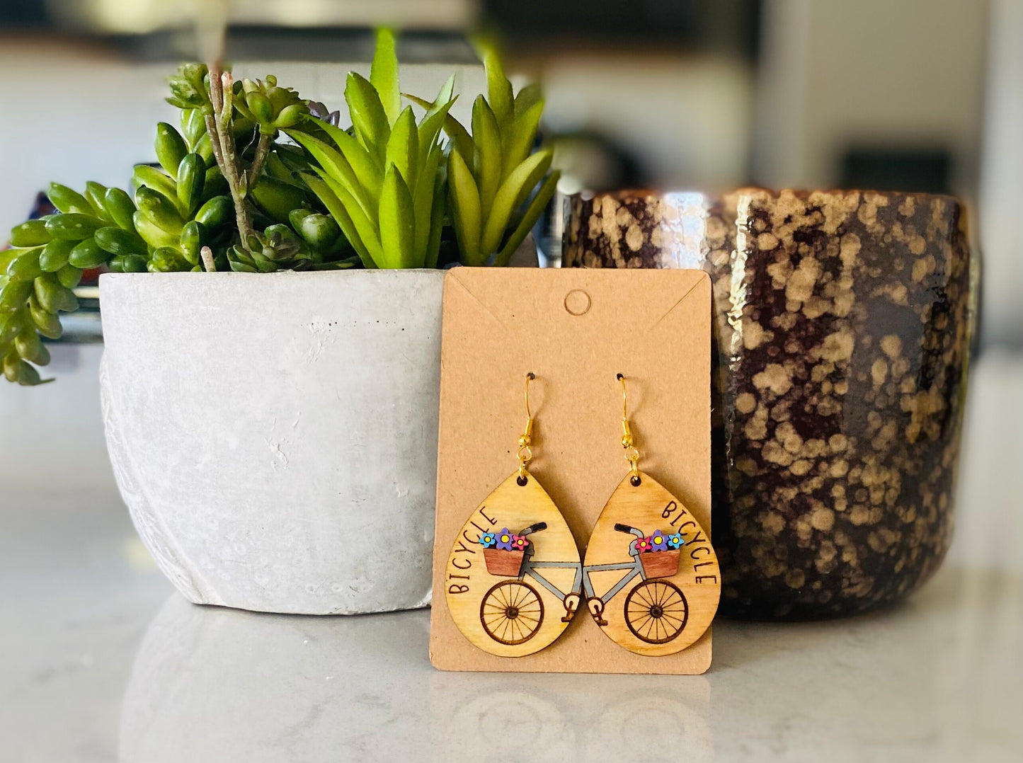 Birchwood Laser Cut Bicycle Spring/Summer Tear Drop Hand Painted Earrings