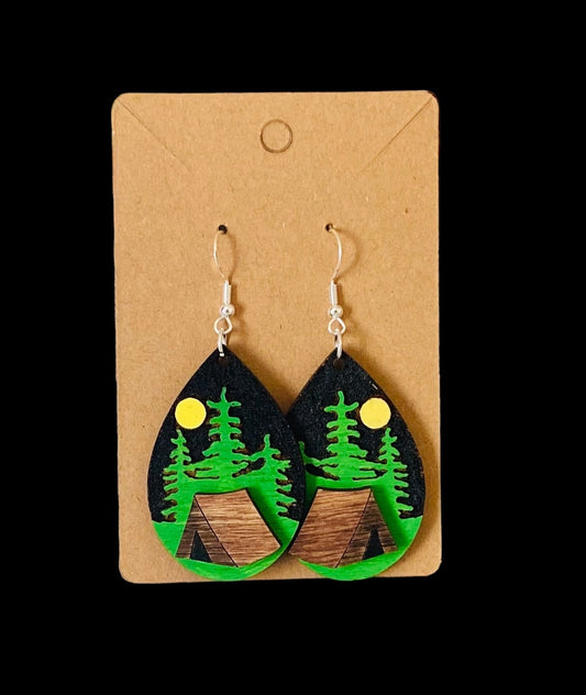 Laser Cut Tear Drop Hand-Painted Birchwood Earrings- Camping, Starry Night, Nature, Sparkling Night