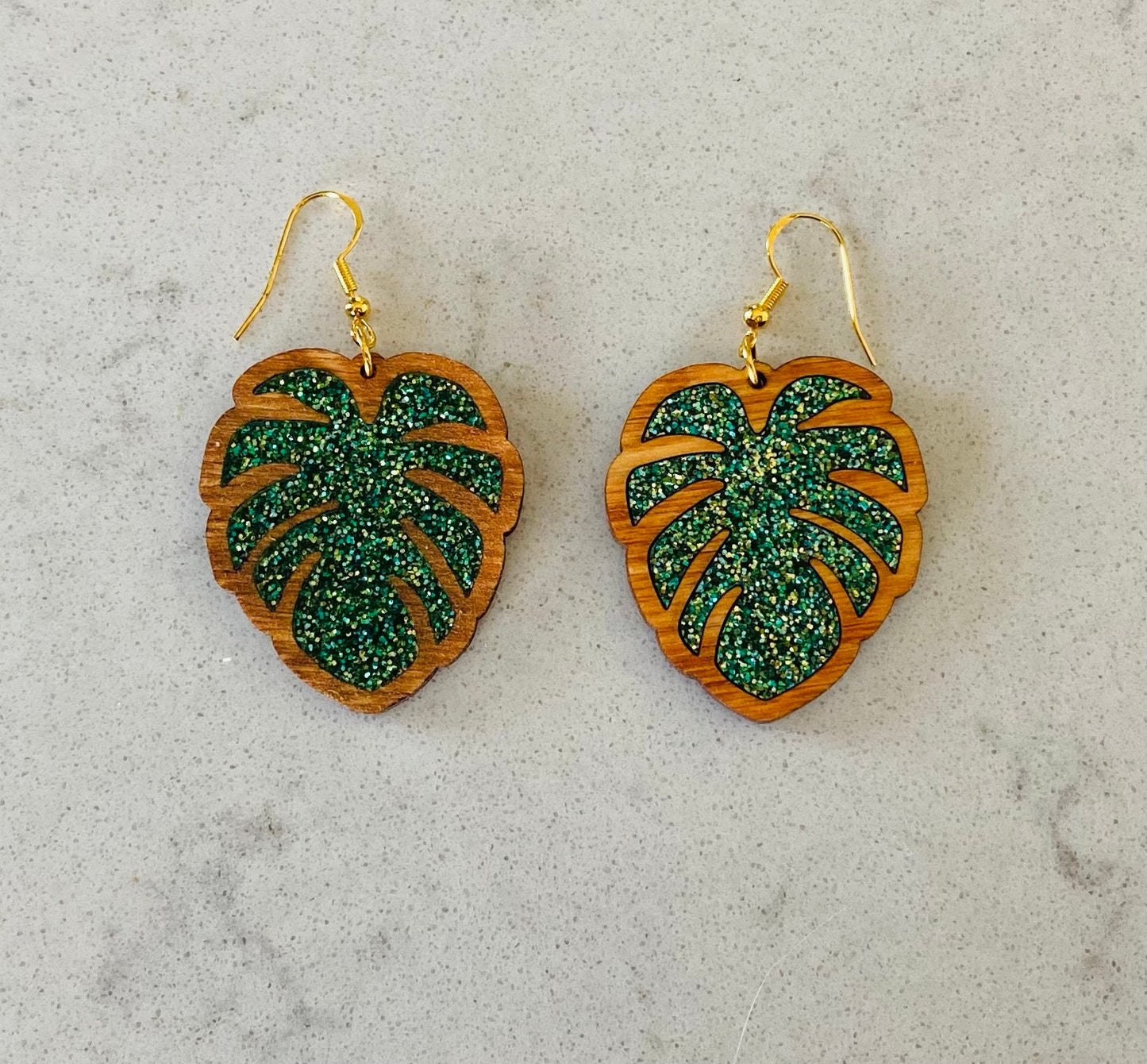 Pecan Stained Birch Wood Laser-Cut Earrings with Green Acrylic Inlay