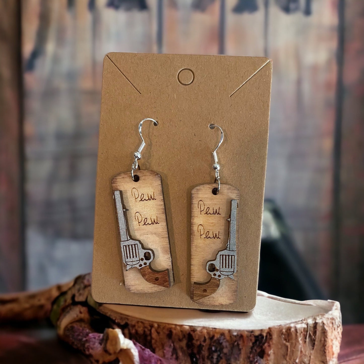 Pistol Pew Pew Birchwood Laser Cut Hand Painted Earrings