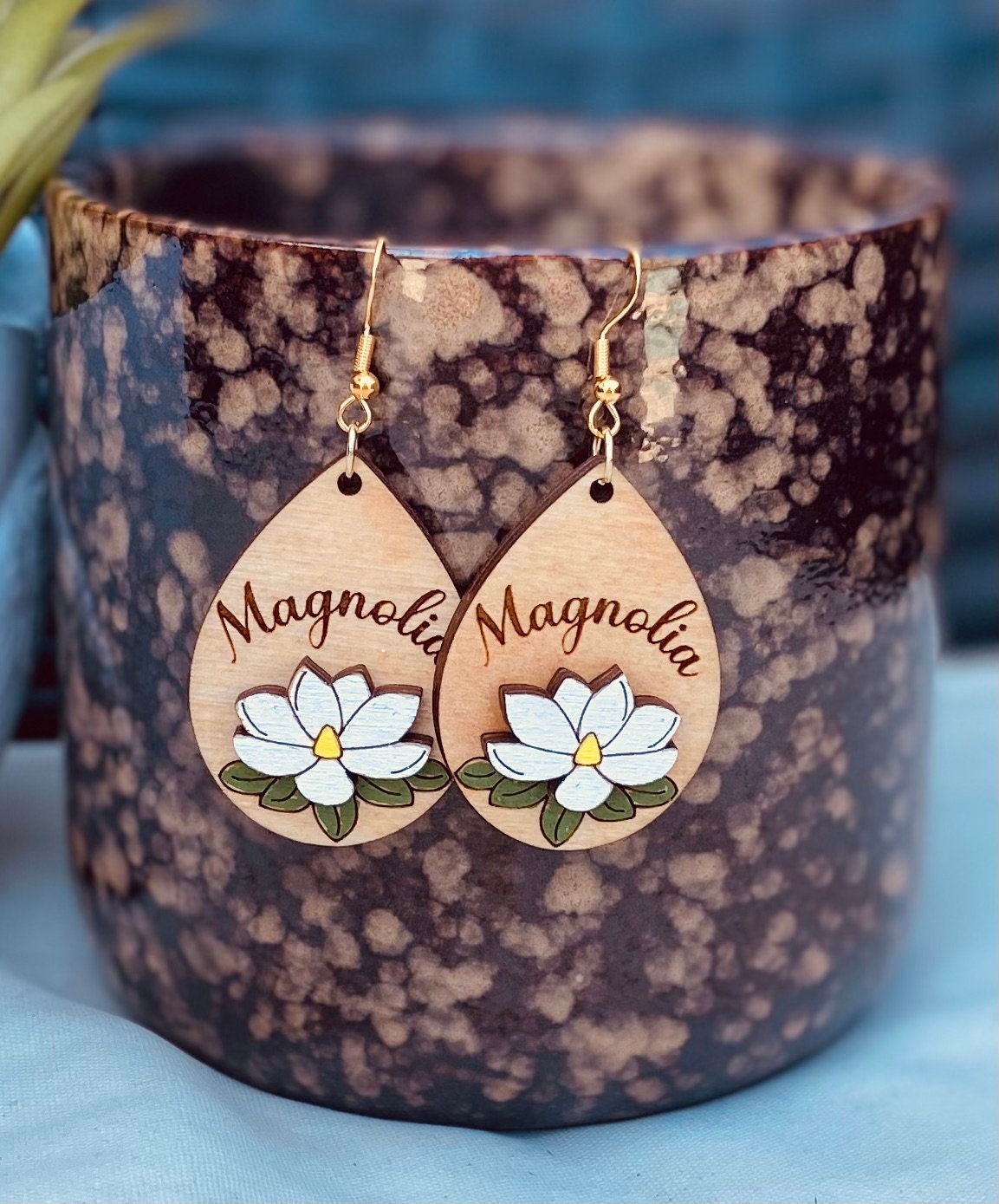 Magnolia Floral Engraved Hand-Painted Earrings