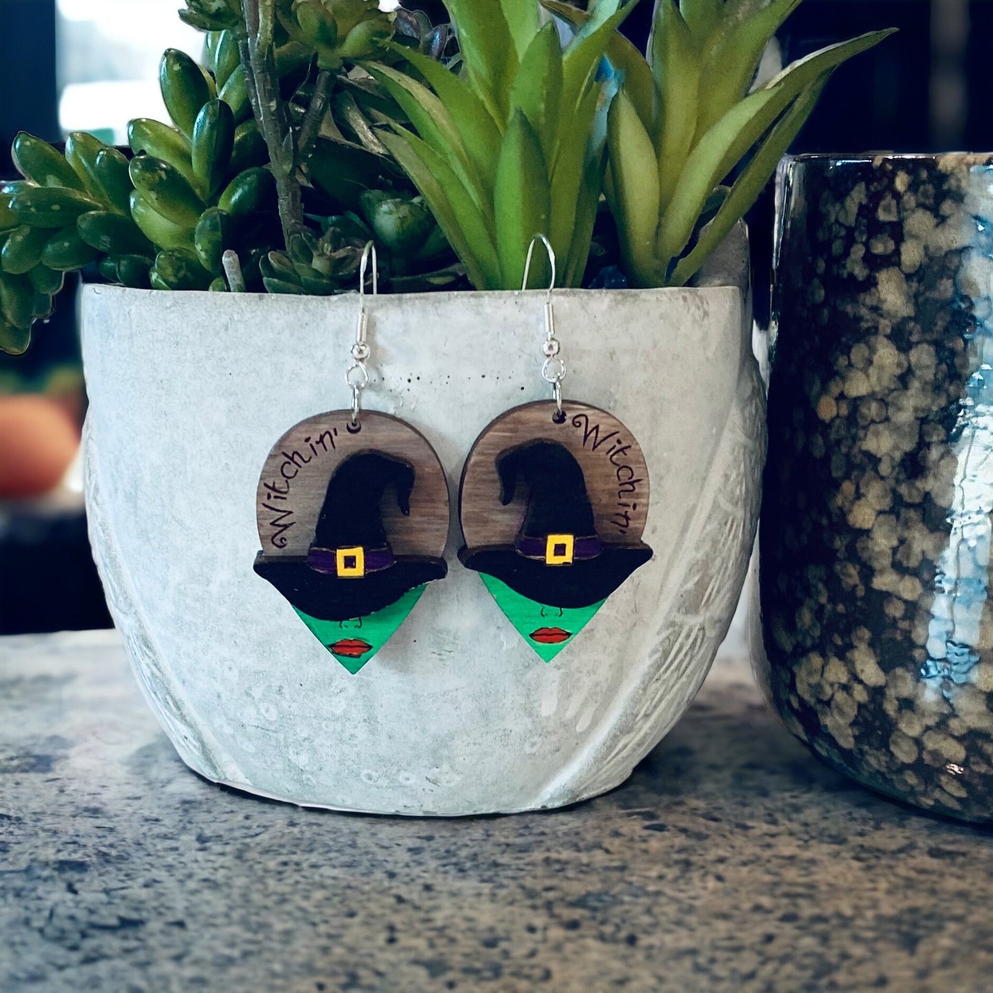 Halloween Witch Birchwood Laser Cut Hand-Painted Earrings