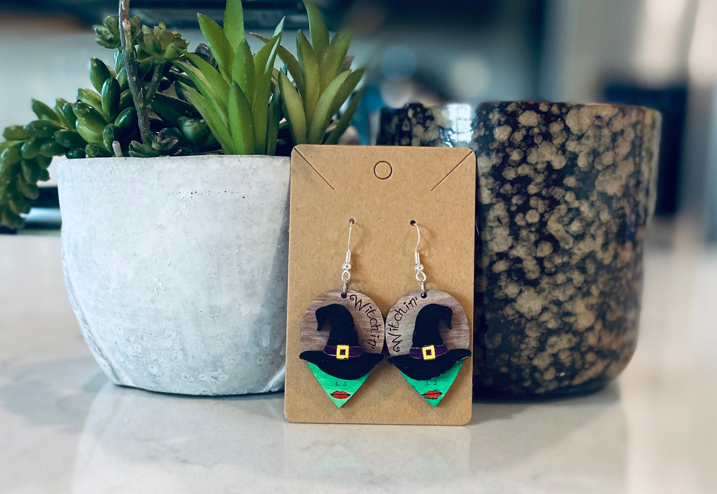 Halloween Witch Birchwood Laser Cut Hand-Painted Earrings