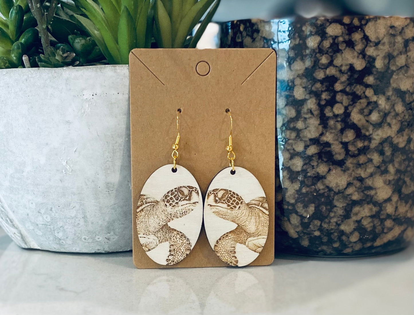 Laser Cut Birchwood Turtle Earrings
