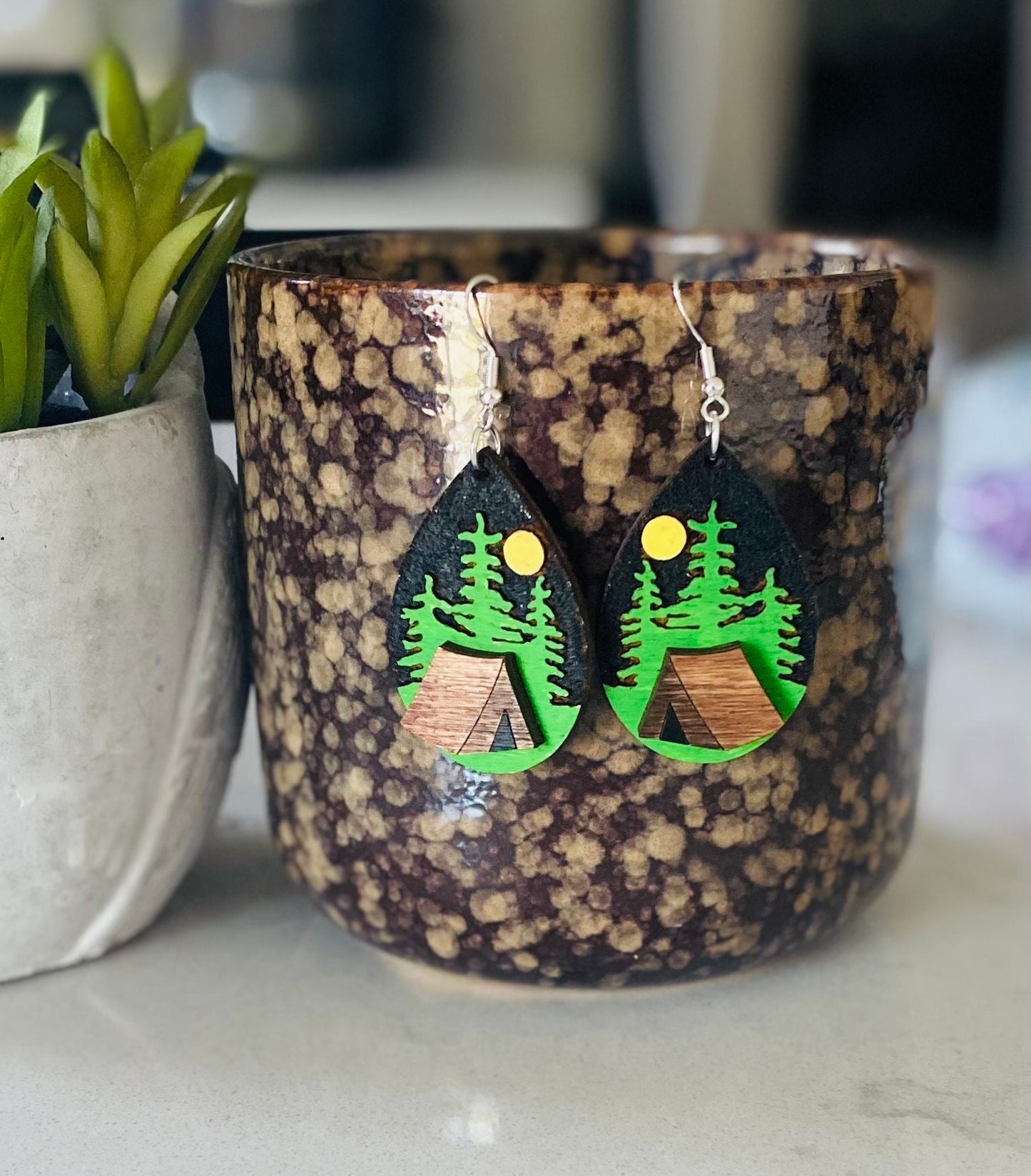 Laser Cut Tear Drop Hand-Painted Birchwood Earrings- Camping, Starry Night, Nature, Sparkling Night