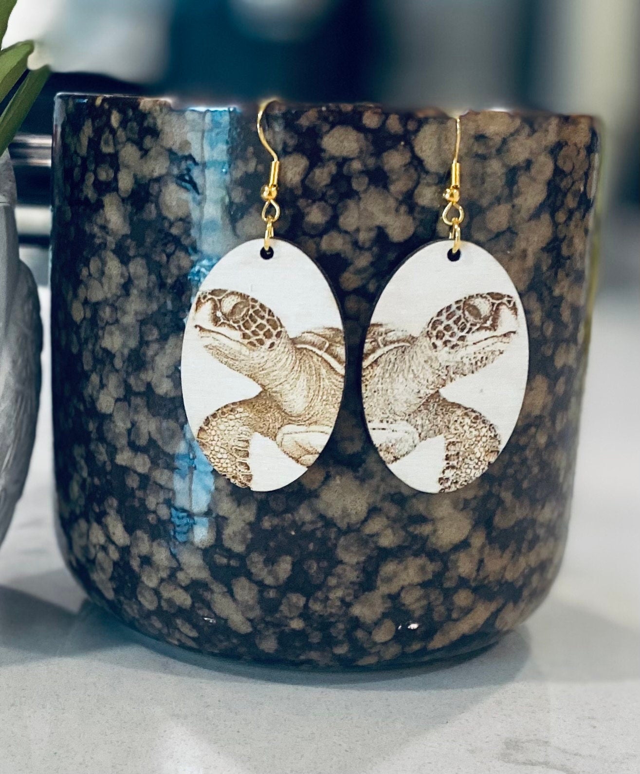Laser Cut Birchwood Turtle Earrings