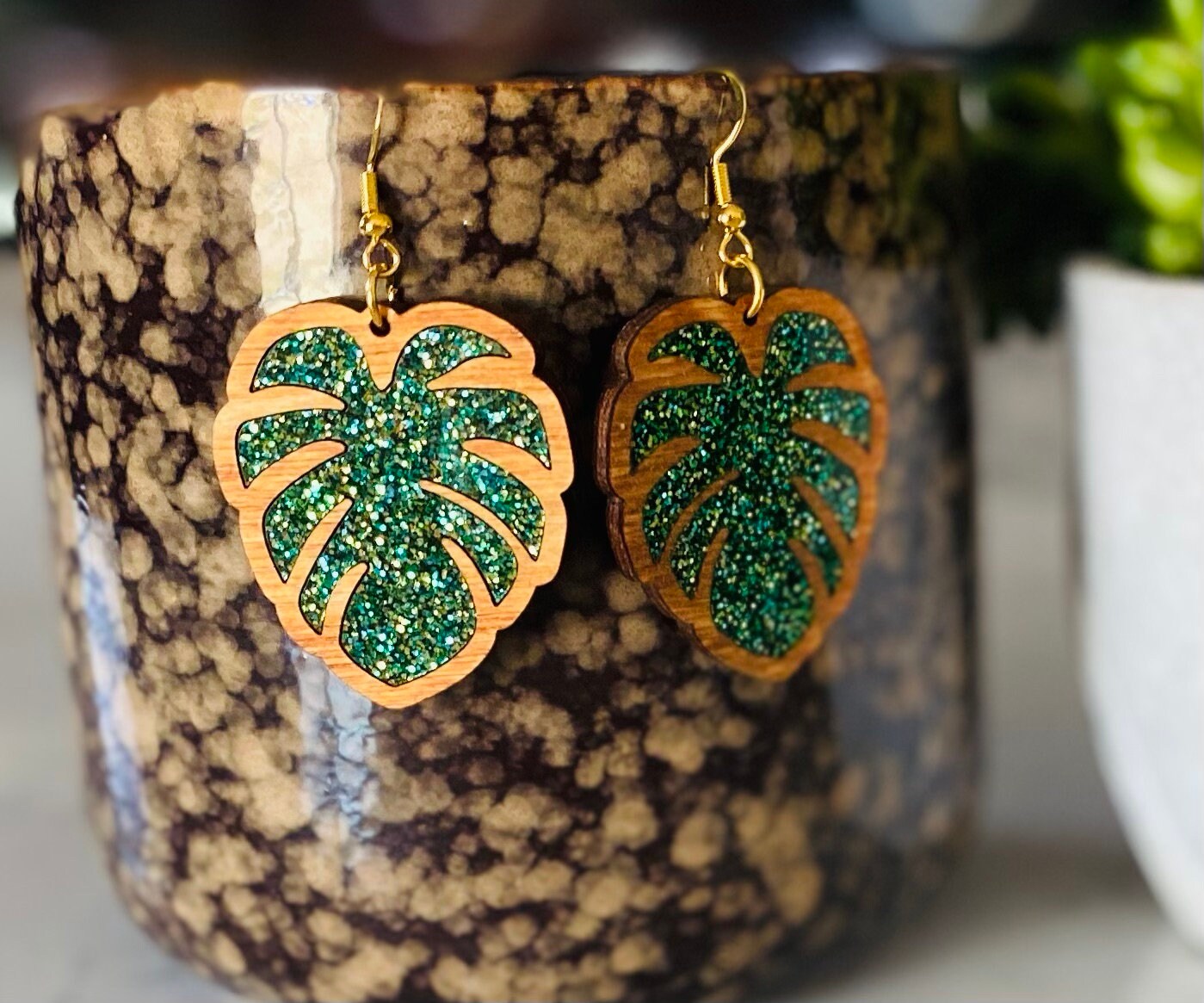 Pecan Stained Birch Wood Laser-Cut Earrings with Green Acrylic Inlay
