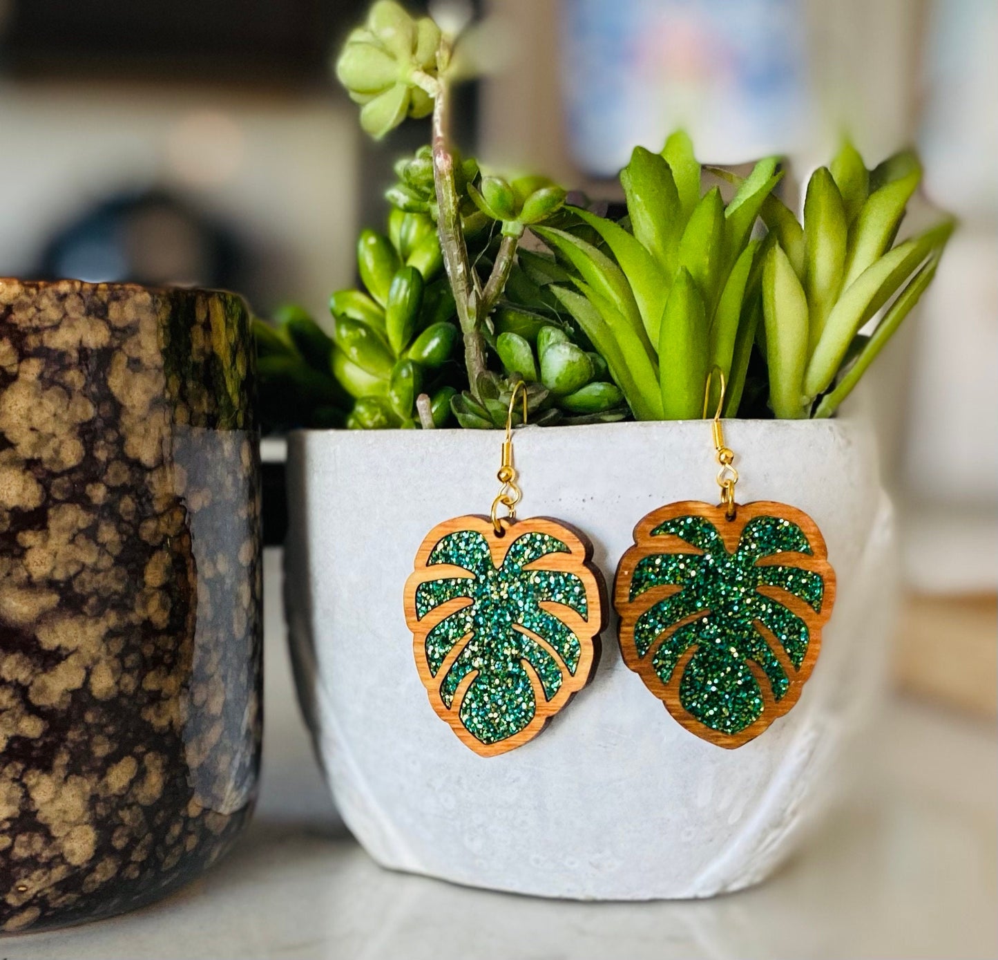 Pecan Stained Birch Wood Laser-Cut Earrings with Green Acrylic Inlay