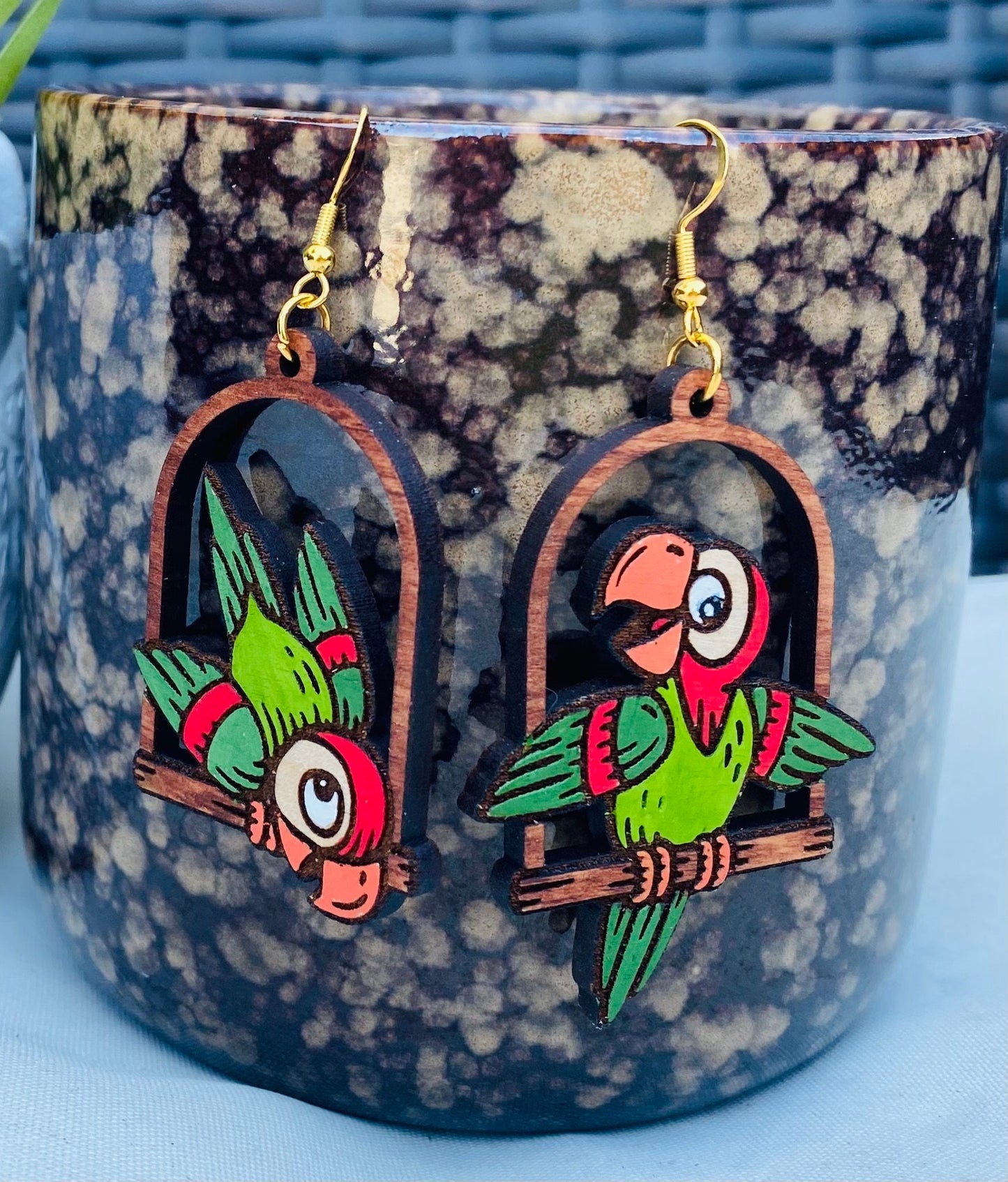Birch Wood Laser Cut Parrot Earrings