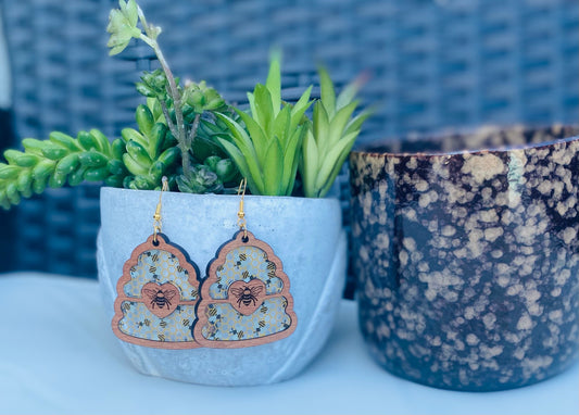 Laser Cut and Engraved Birch Wood Bee Hive Earrings