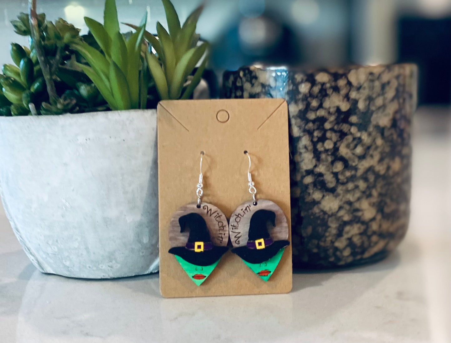 Halloween Witch Birchwood Laser Cut Hand-Painted Earrings