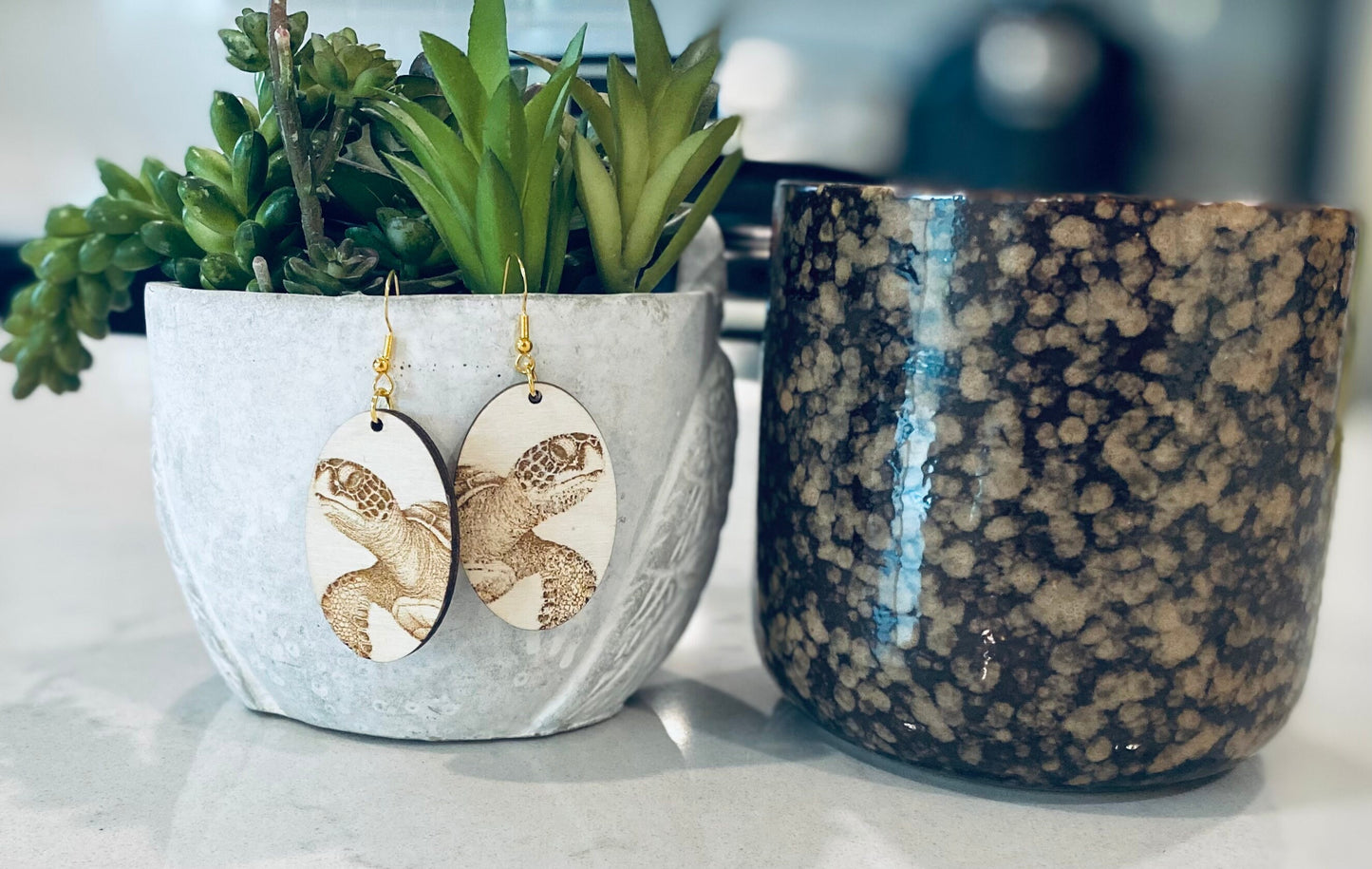 Laser Cut Birchwood Turtle Earrings