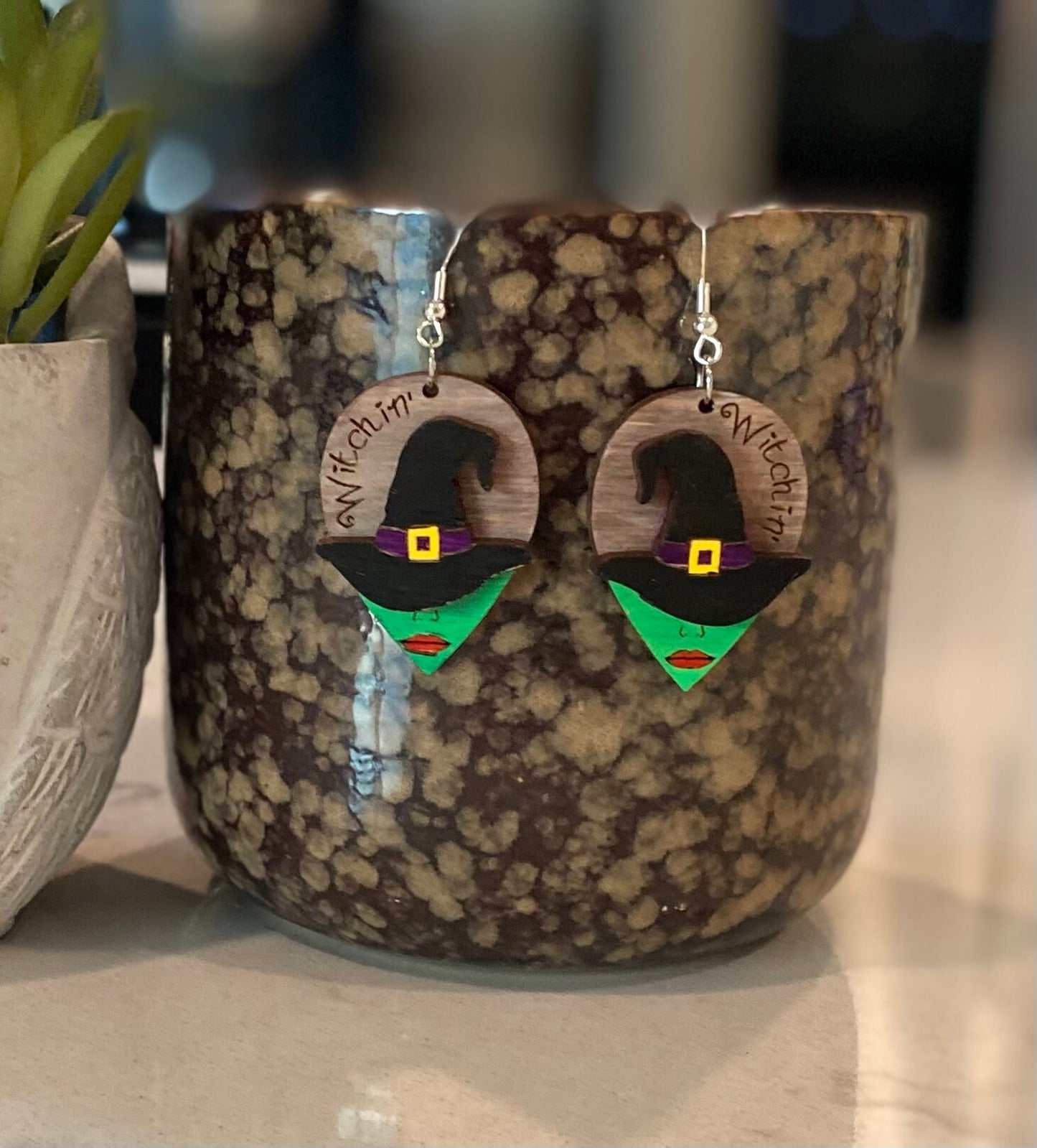 Halloween Witch Birchwood Laser Cut Hand-Painted Earrings