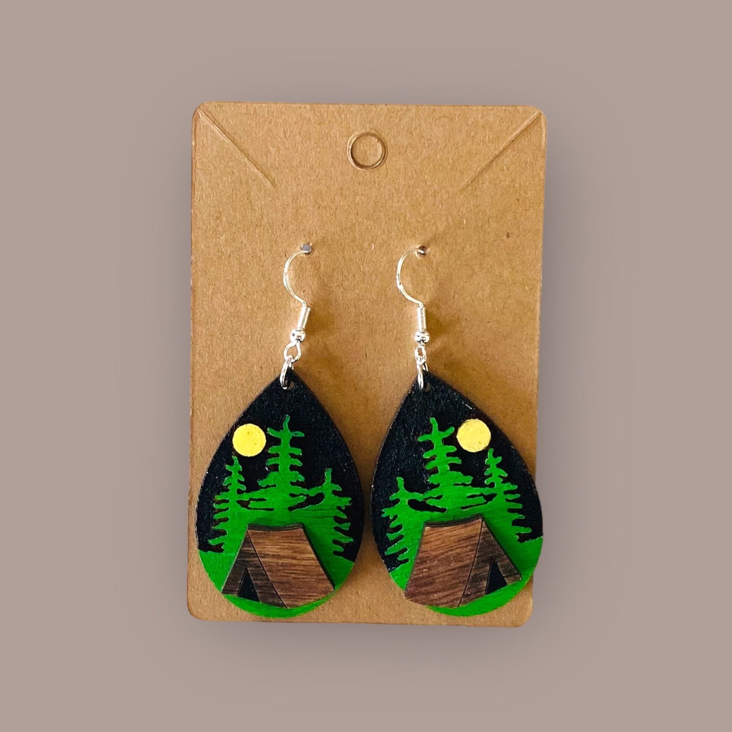 Laser Cut Tear Drop Hand-Painted Birchwood Earrings- Camping, Starry Night, Nature, Sparkling Night