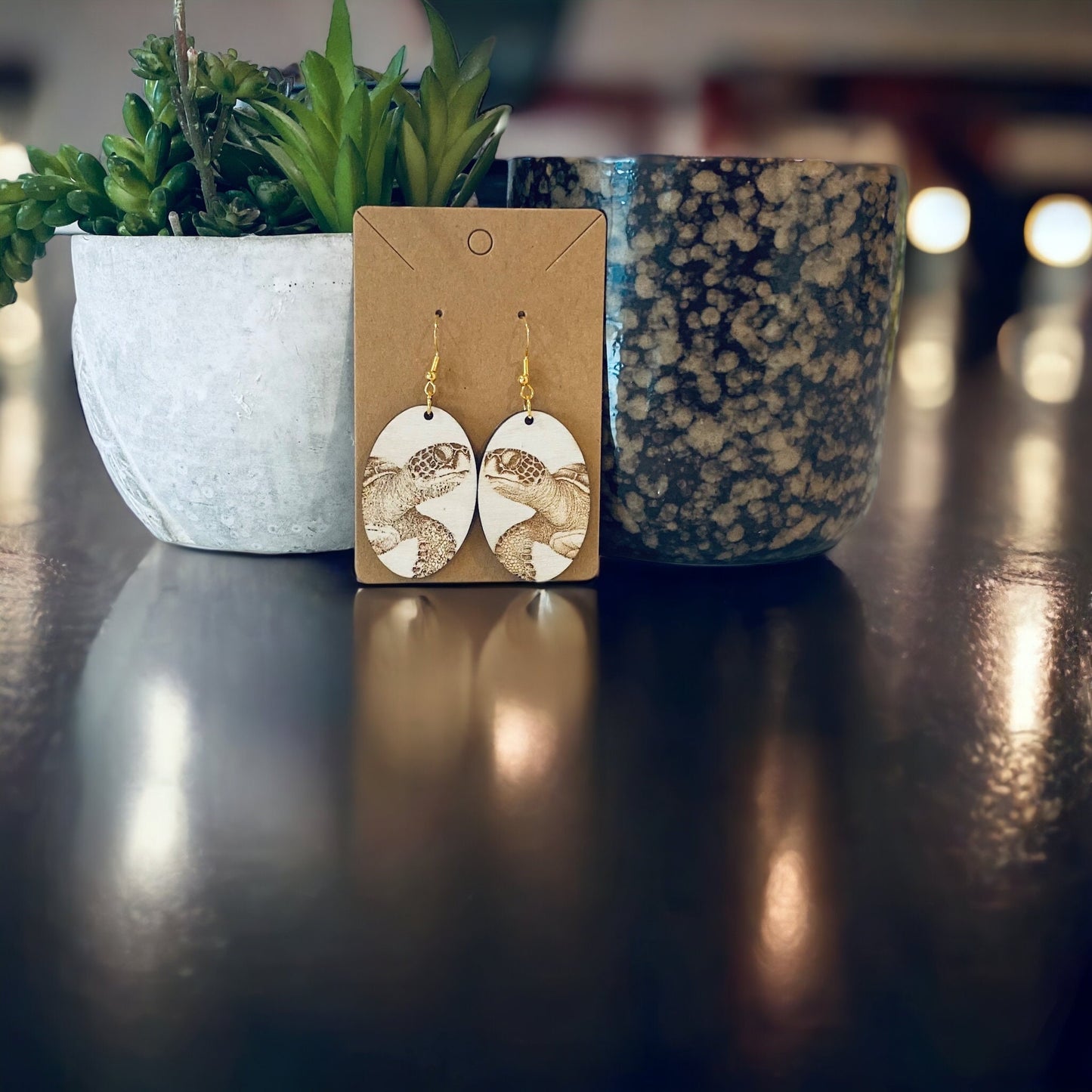 Laser Cut Birchwood Turtle Earrings