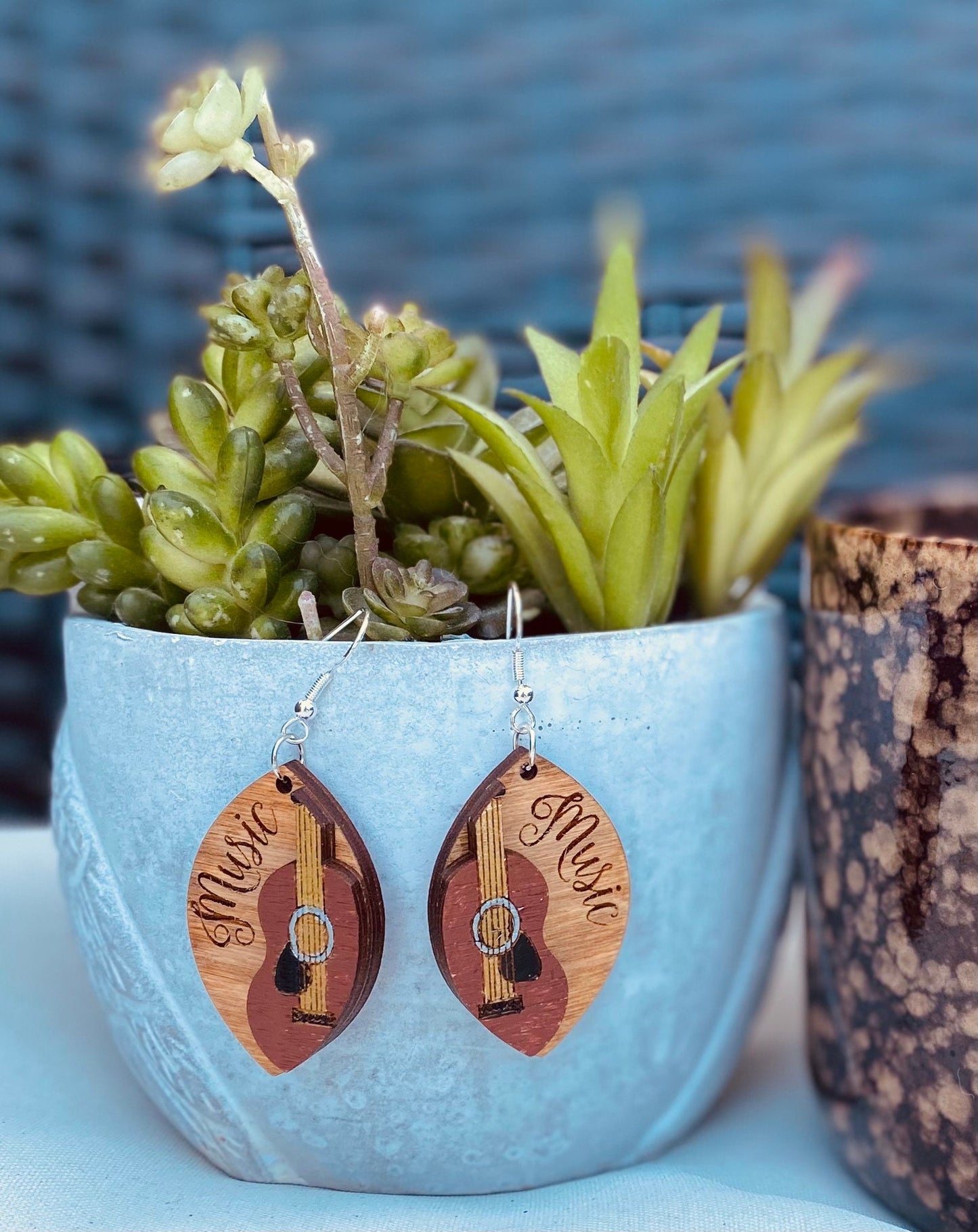 Guitar Engraved Music Tear Drop Hand-Painted Earrings