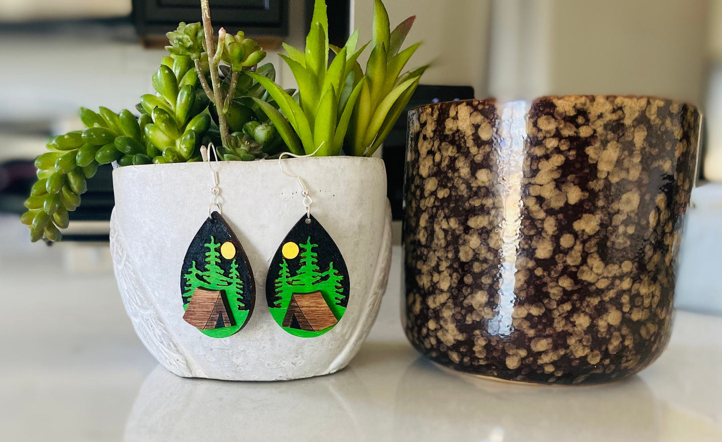 Laser Cut Tear Drop Hand-Painted Birchwood Earrings- Camping, Starry Night, Nature, Sparkling Night