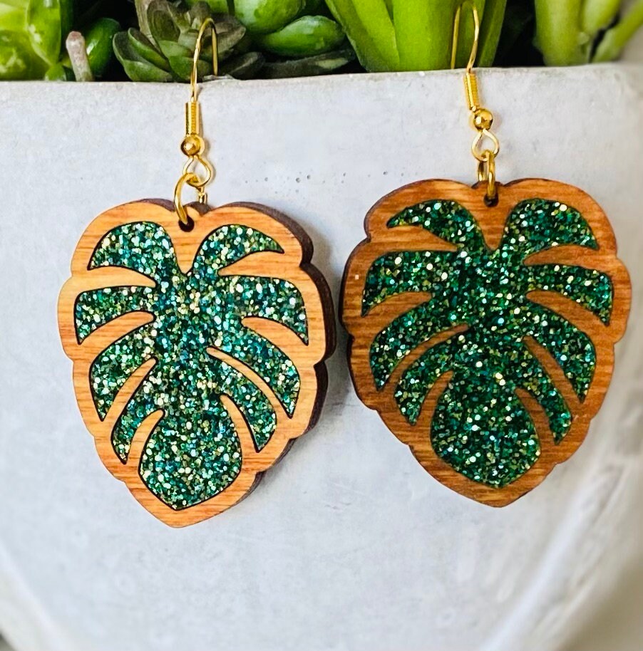 Pecan Stained Birch Wood Laser-Cut Earrings with Green Acrylic Inlay