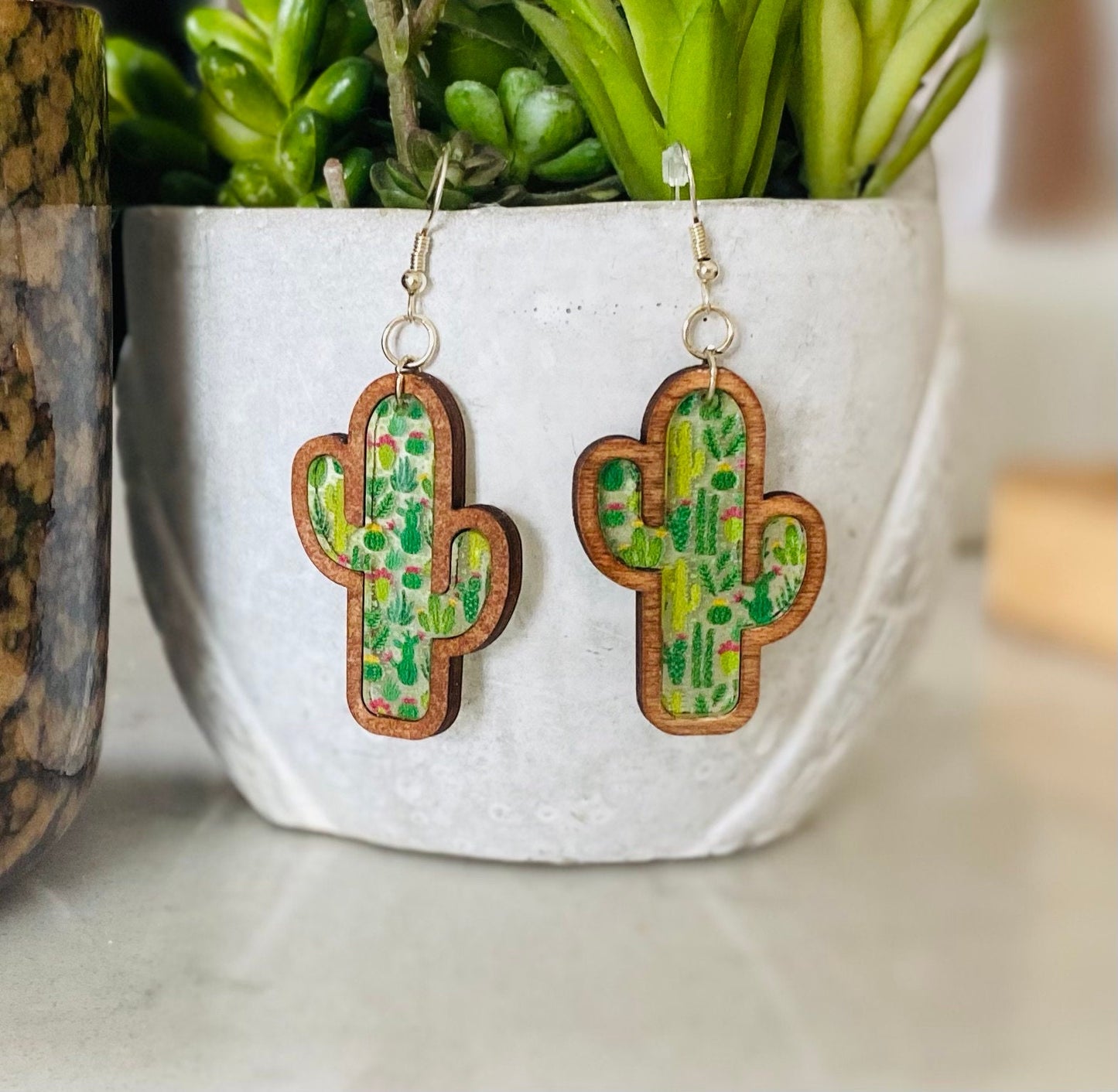 Laser Cut Birch Cactus Earrings With Patterned Acrylic Inlay