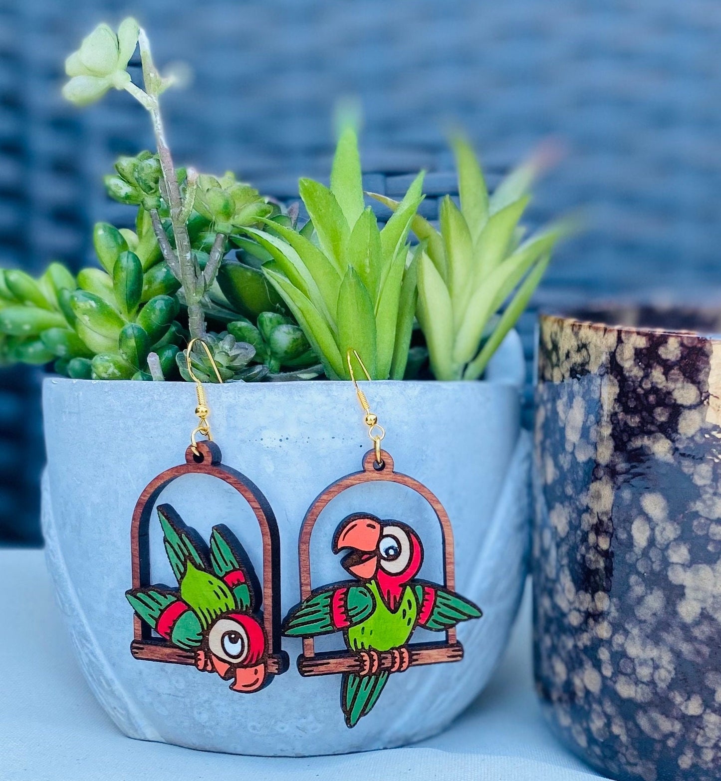 Birch Wood Laser Cut Parrot Earrings