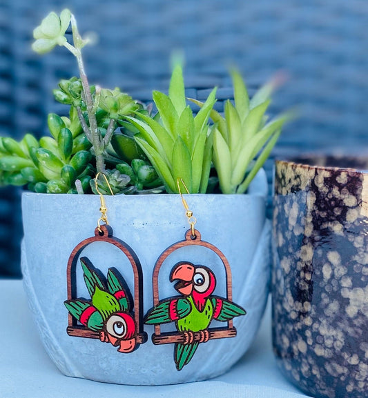Birch Wood Laser Cut Parrot Earrings