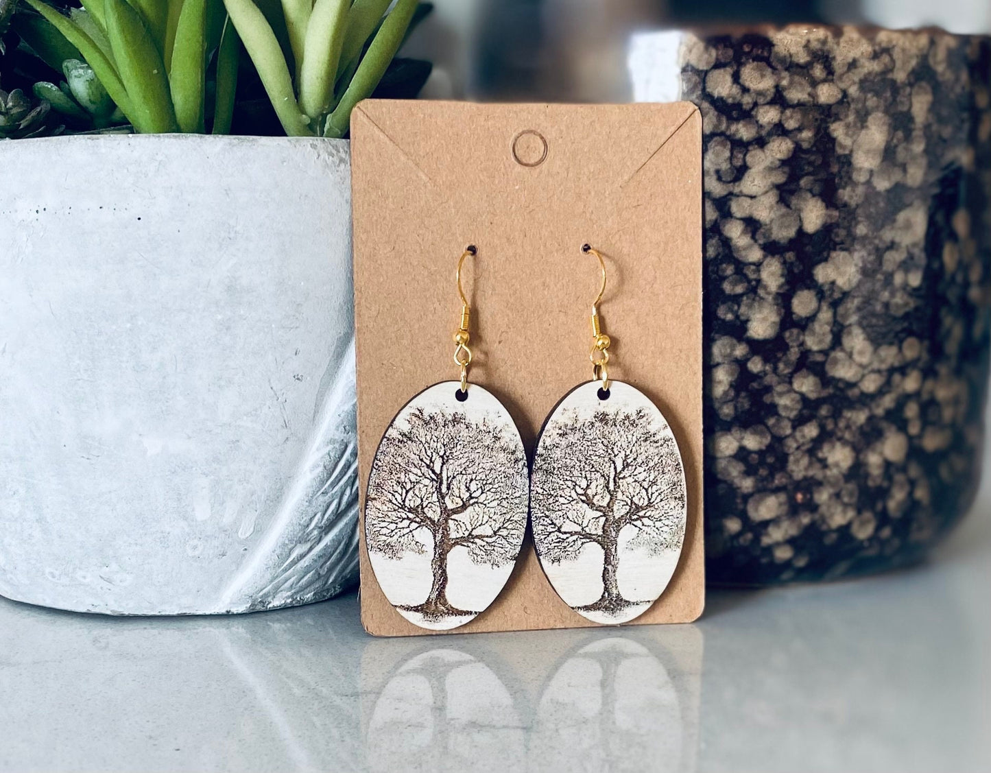 Laser Cut Birchwood Tree Earrings
