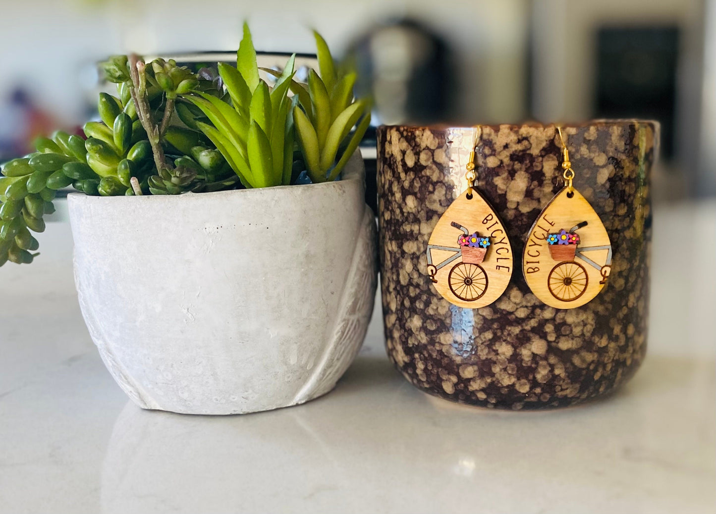 Birchwood Laser Cut Bicycle Spring/Summer Tear Drop Hand Painted Earrings