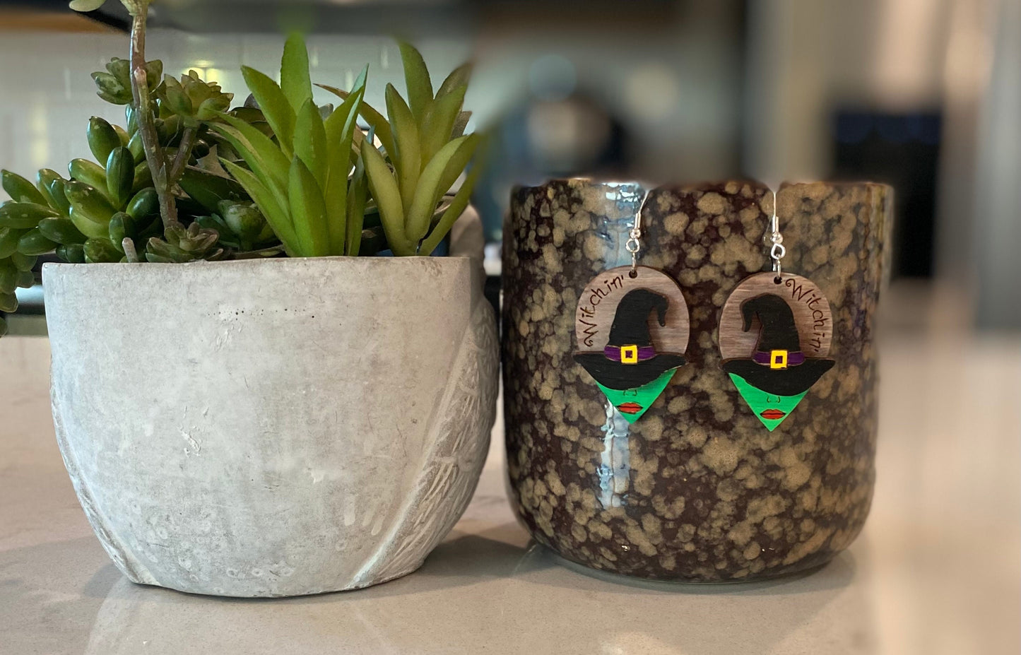 Halloween Witch Birchwood Laser Cut Hand-Painted Earrings