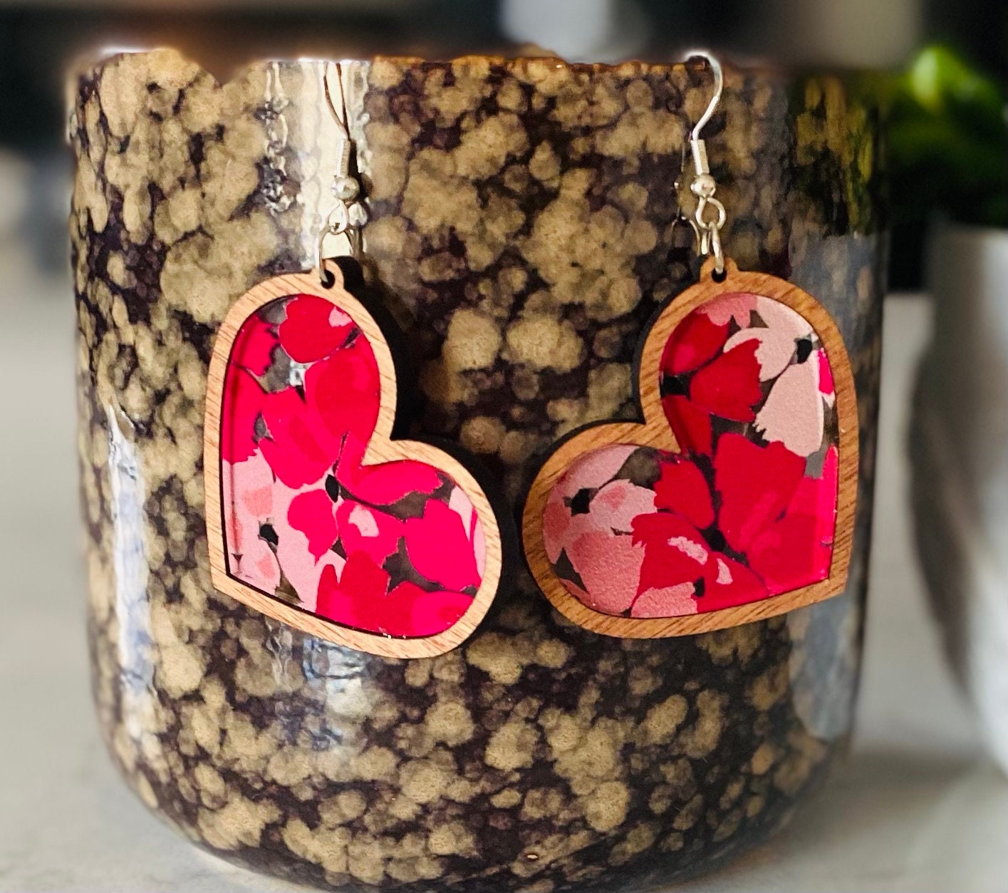 Laser-Cut Heart Earrings with Floral Acrylic Inlay
